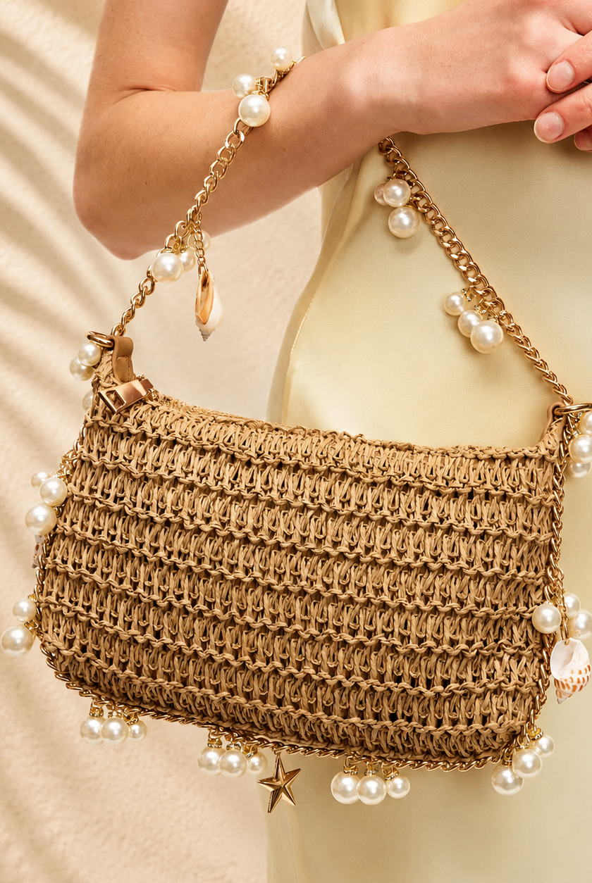 Women's dressy vacation handbag with pearls and seashell detail