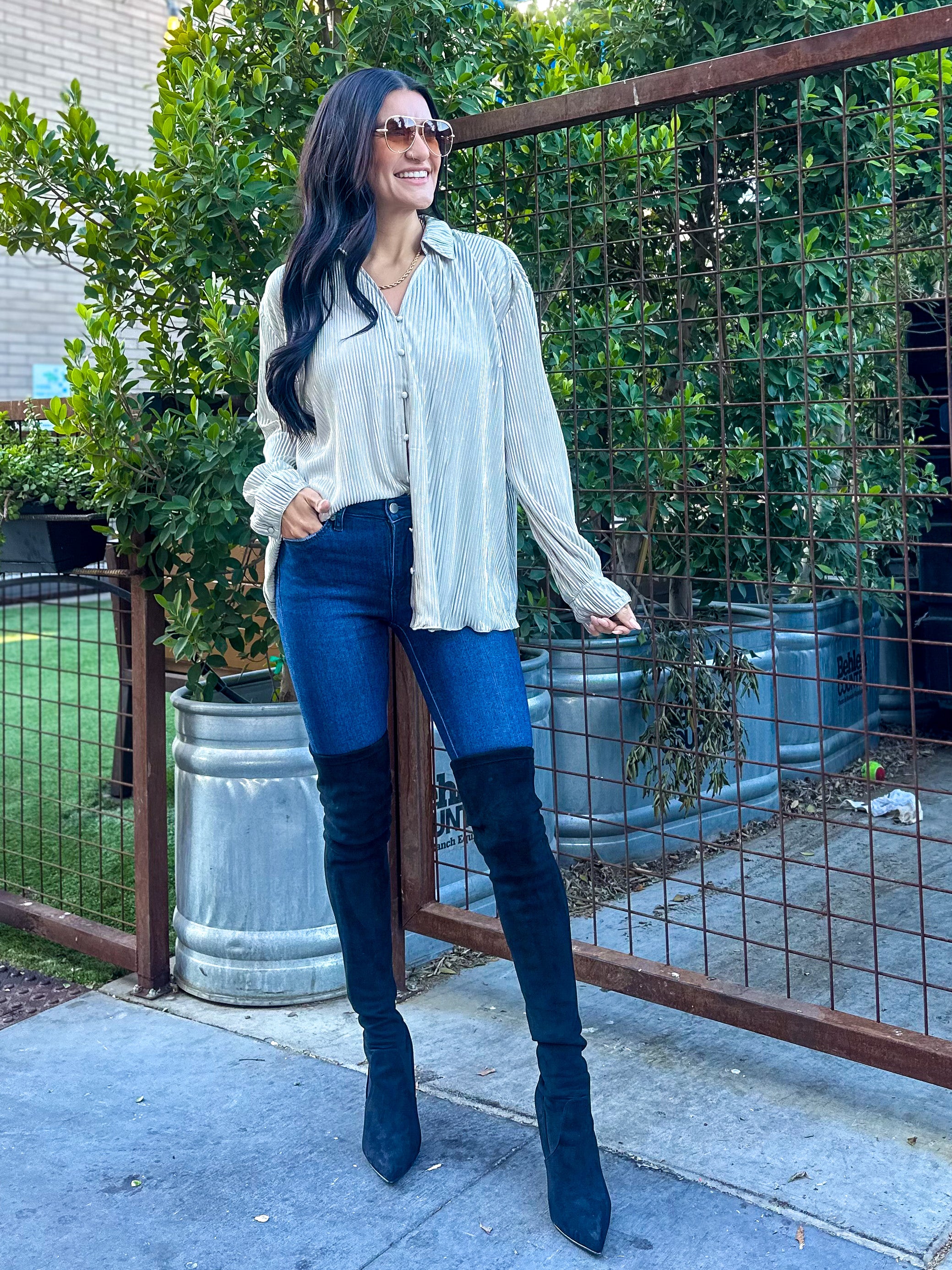 Women's dressy metallic silver pleated button down long sleeve top