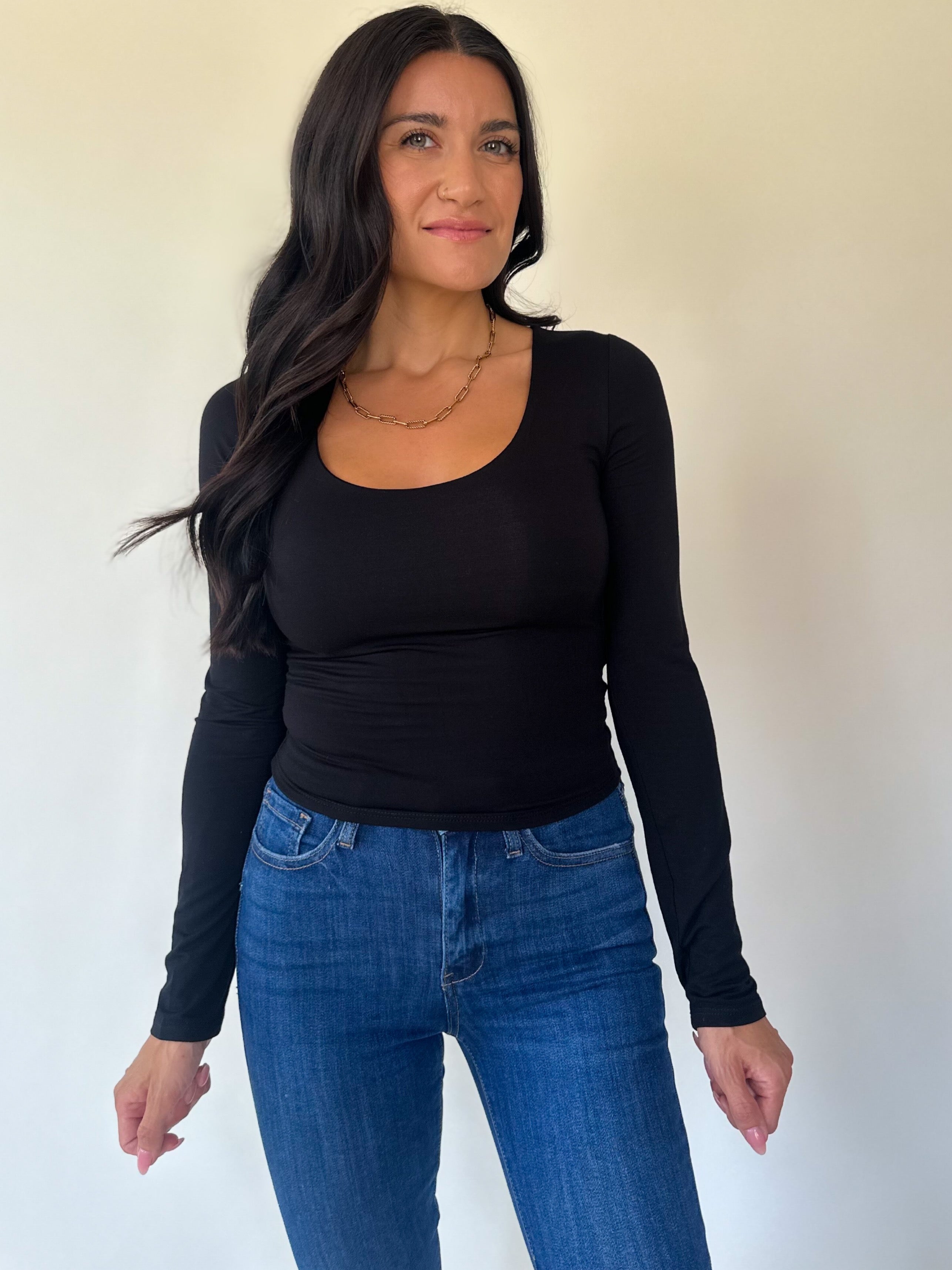 womens black buttery soft long sleeve scoop neck top