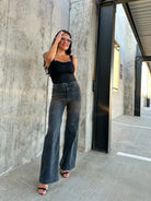 JBD womens just black denim, wide leg front pocket washed black jeans