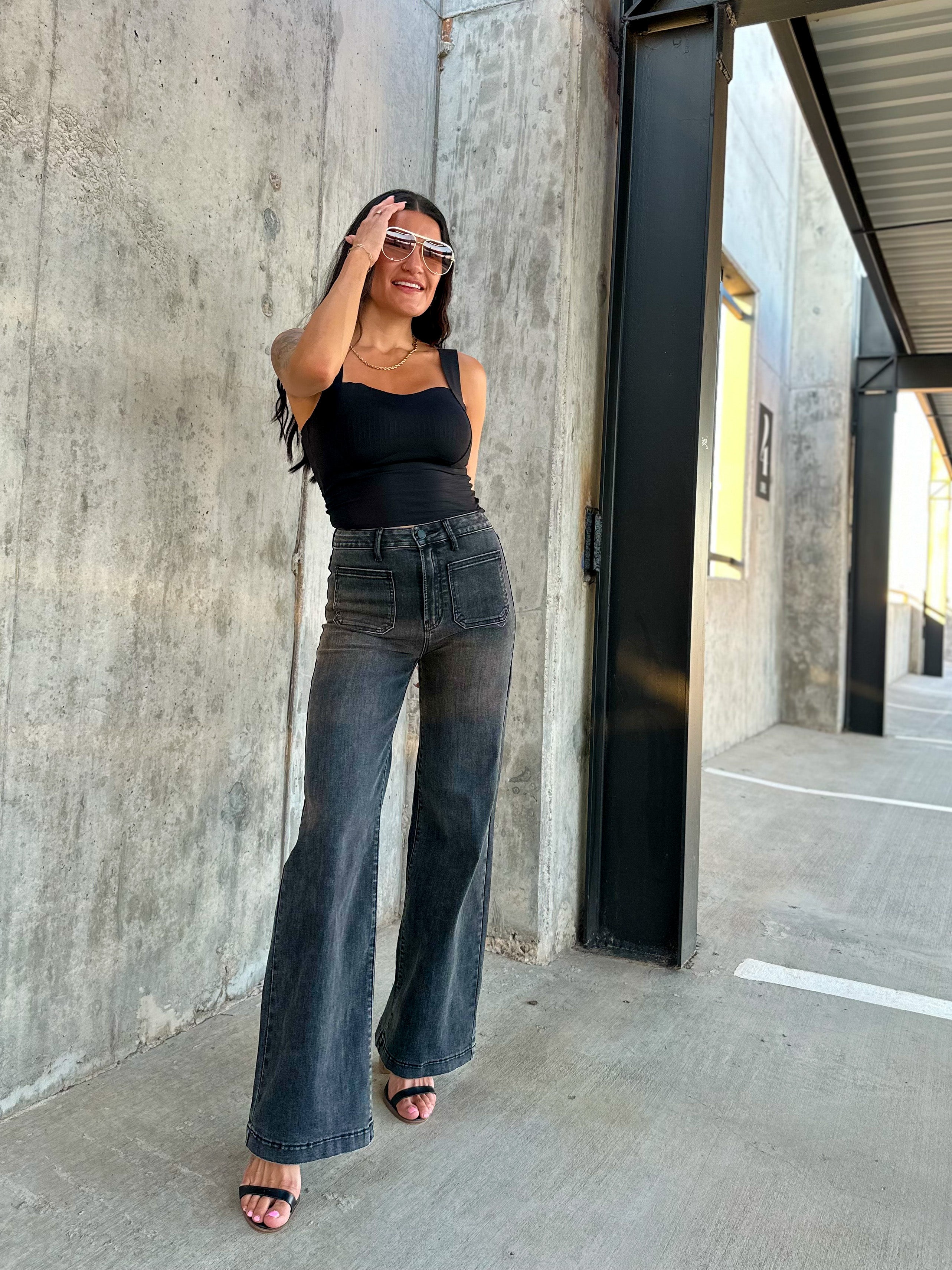 JBD womens just black denim, wide leg front pocket washed black jeans