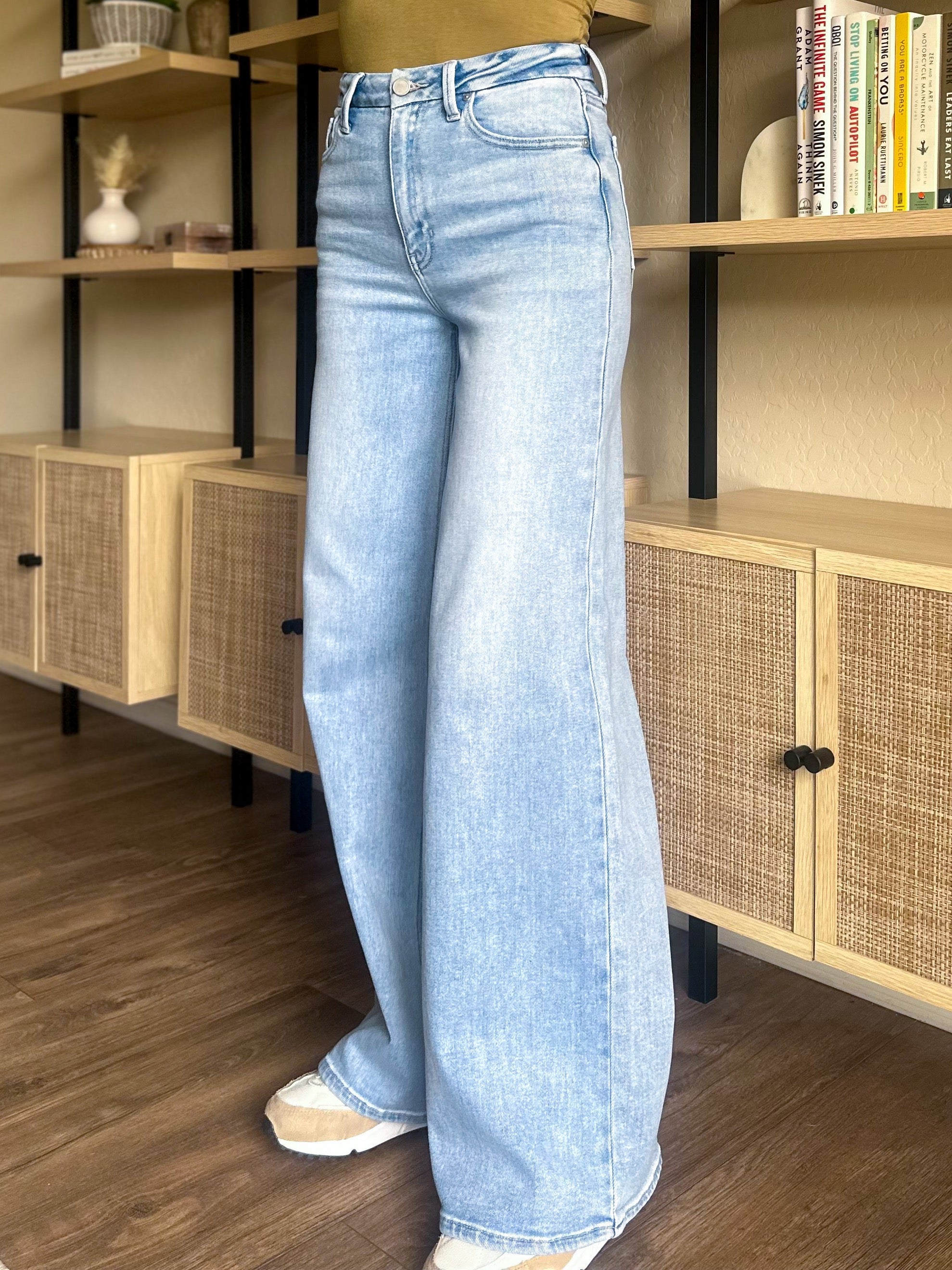 palazzo wide leg light wash denim jeans