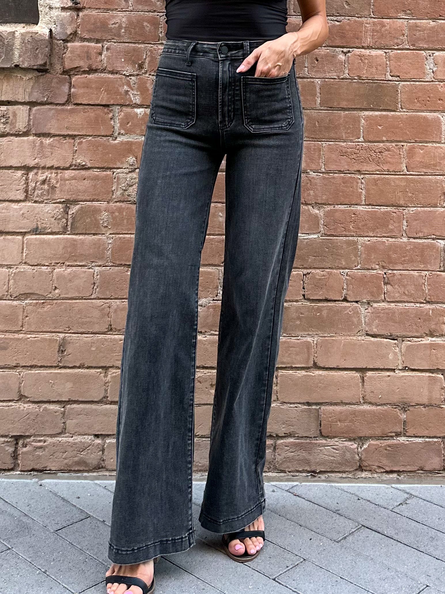 JBD womens just black denim, wide leg front pocket washed black jeans