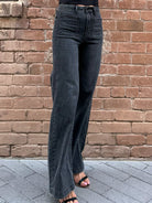 Womens just black denim, wide leg front pocket washed black jeans