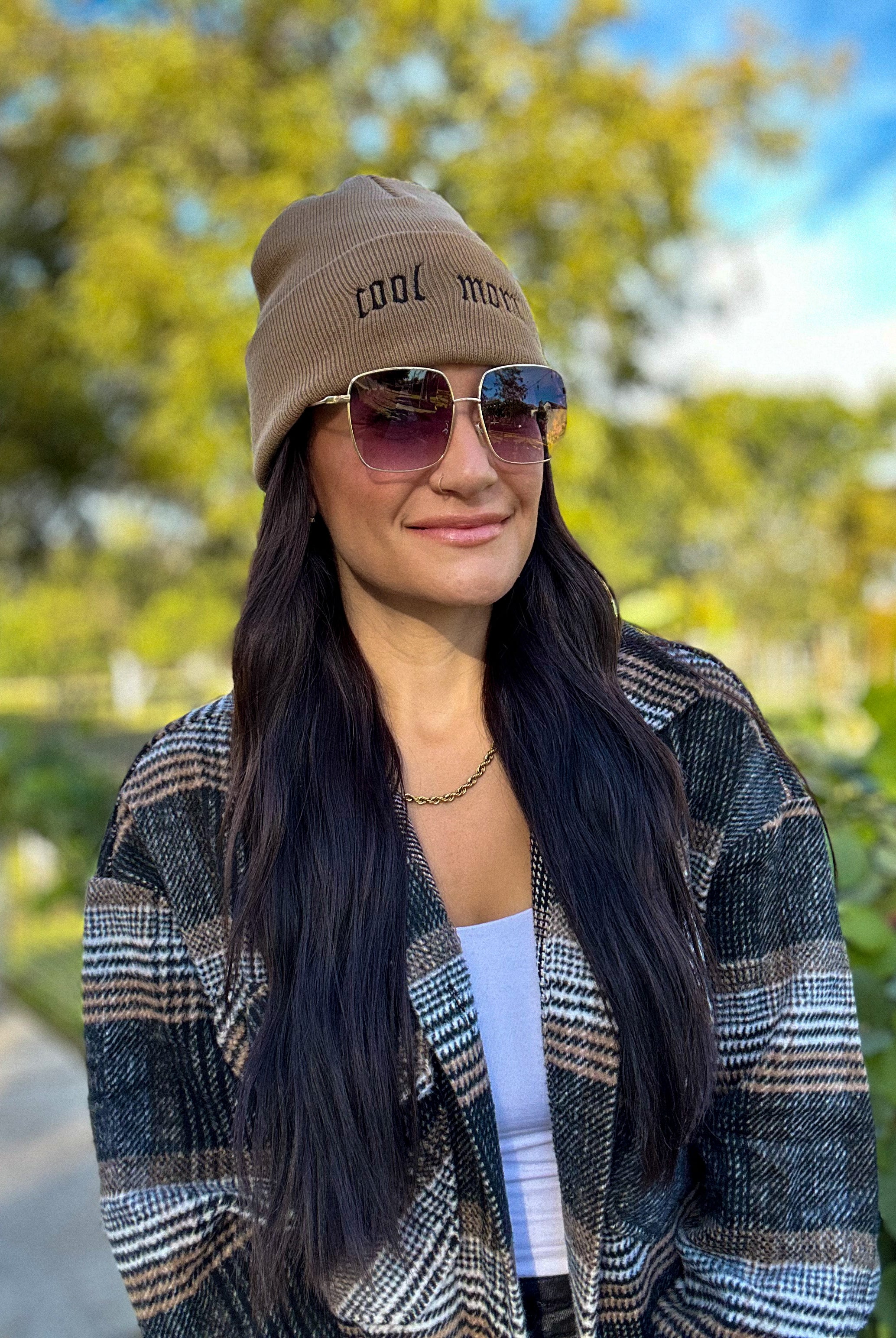 beige embroidered cool mom beanie