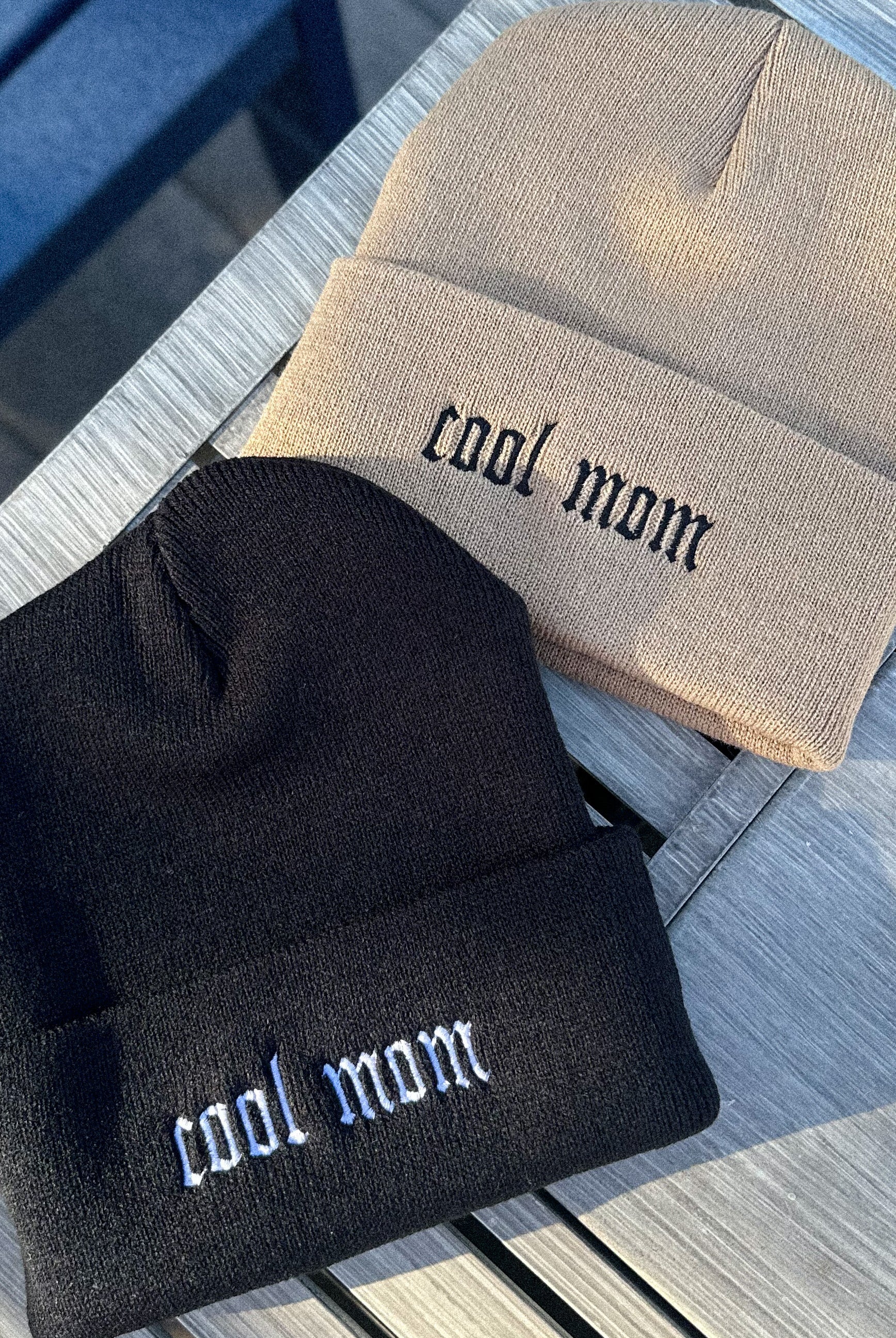 beige embroidered cool mom beanie