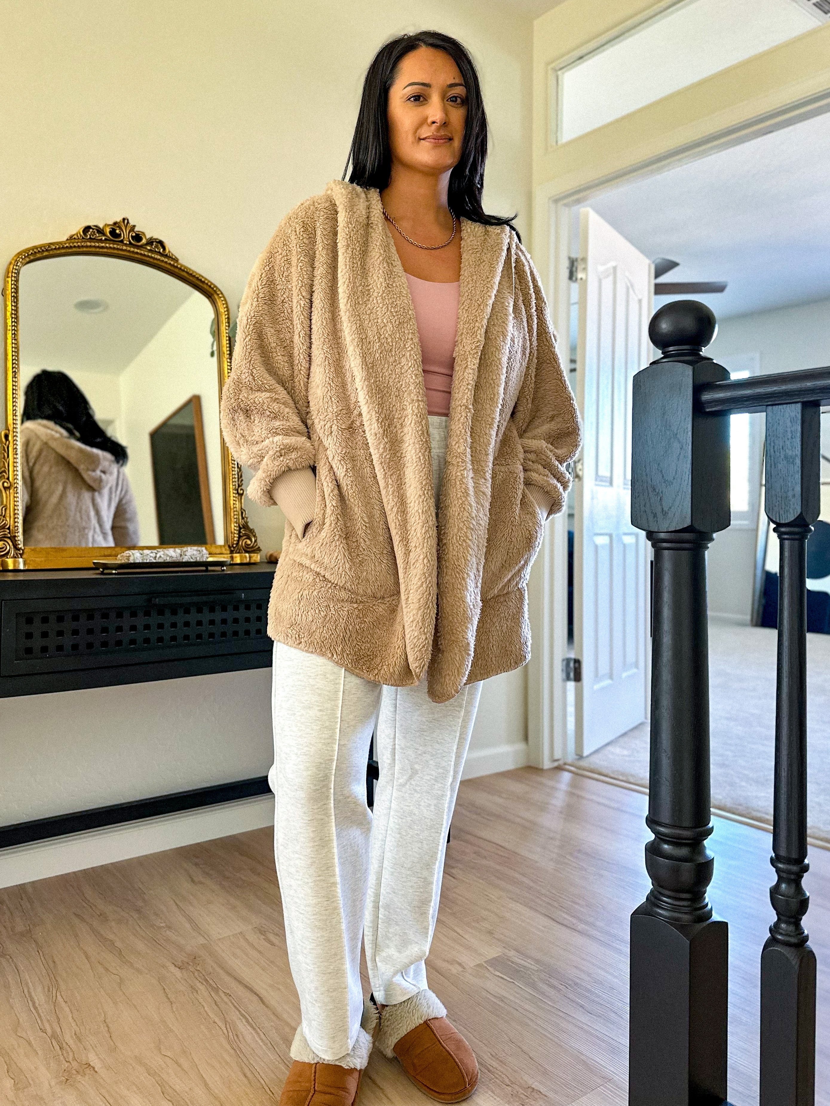 women's beige teddy bear soft, cozy, and fuzzy longer robe jacket with a hood