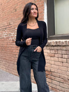 Womens black soft ribbed long duster cardigan