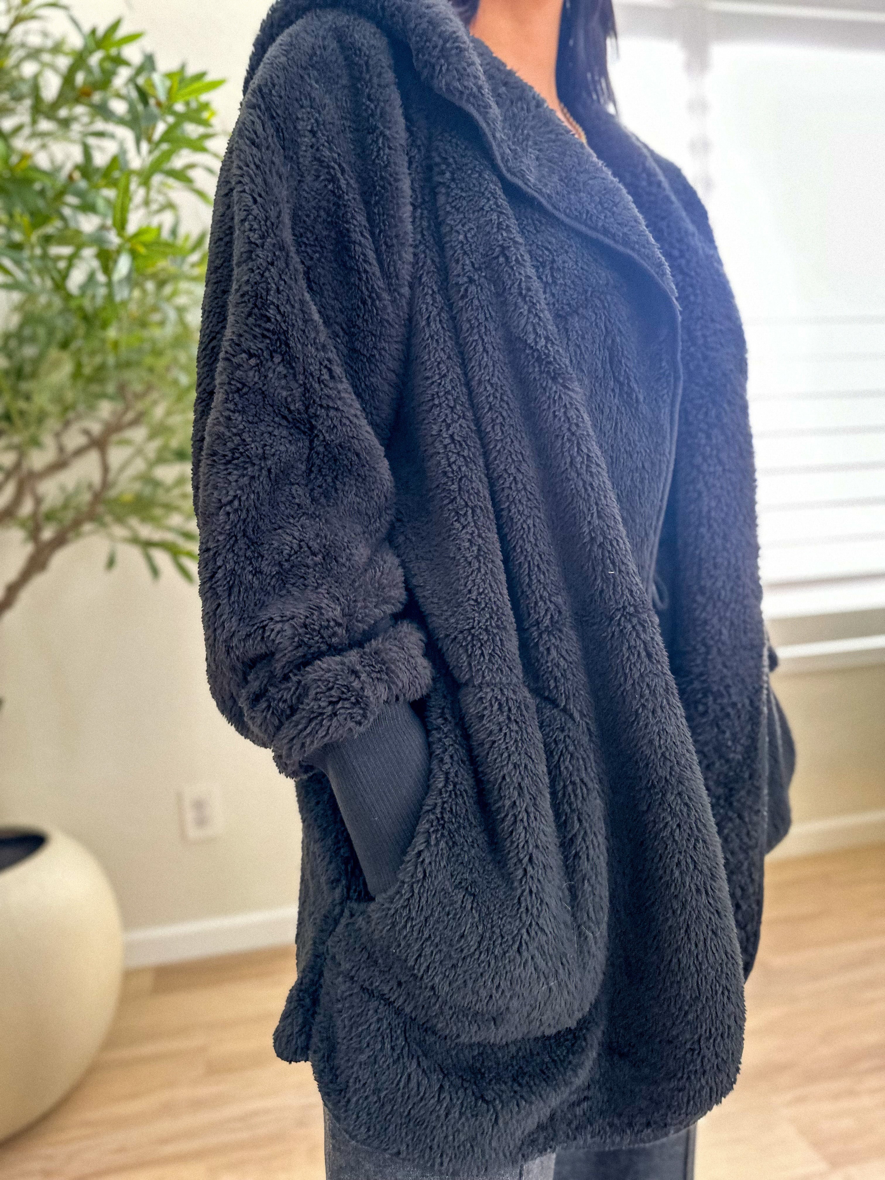 women's oversized teddy bear black soft, cozy, and fuzzy longer robe jacket with a hood