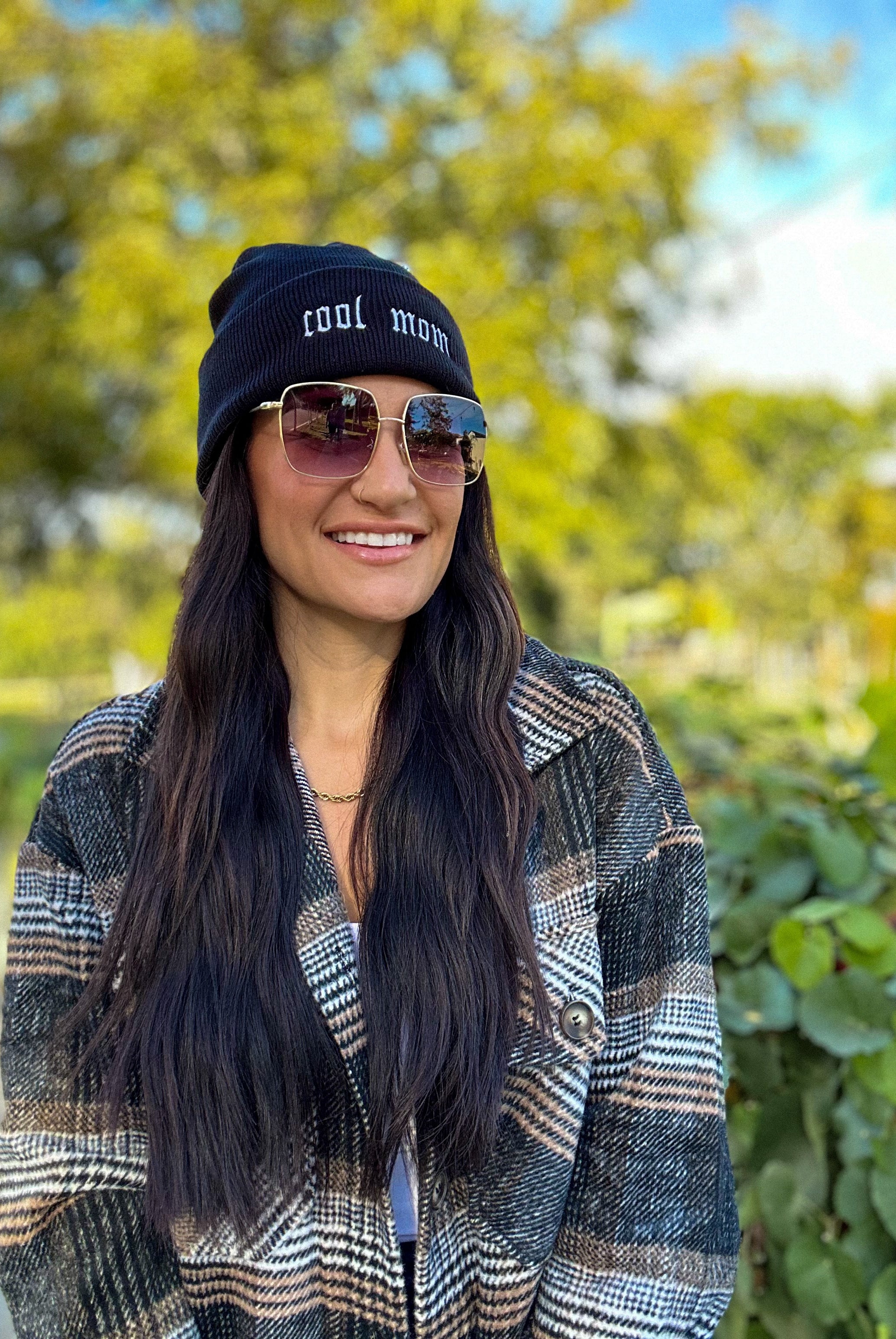 Women's black embroidered cool mom beanie