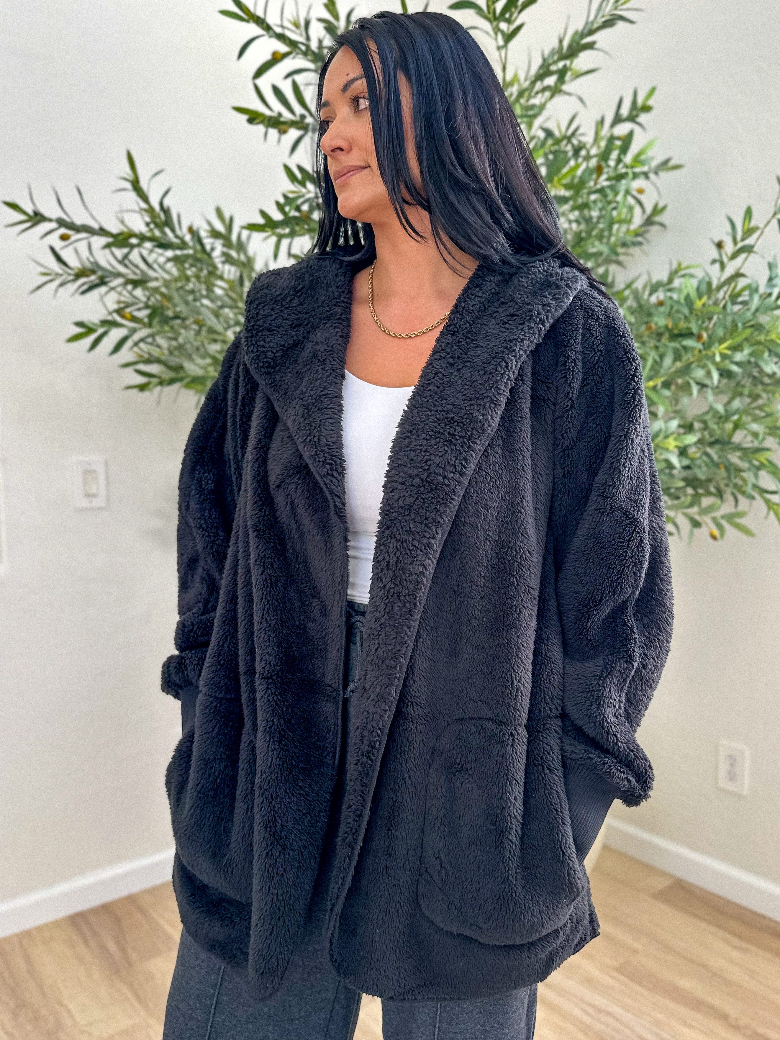 women's oversized teddy bear black soft, cozy, and fuzzy longer robe jacket with a hood