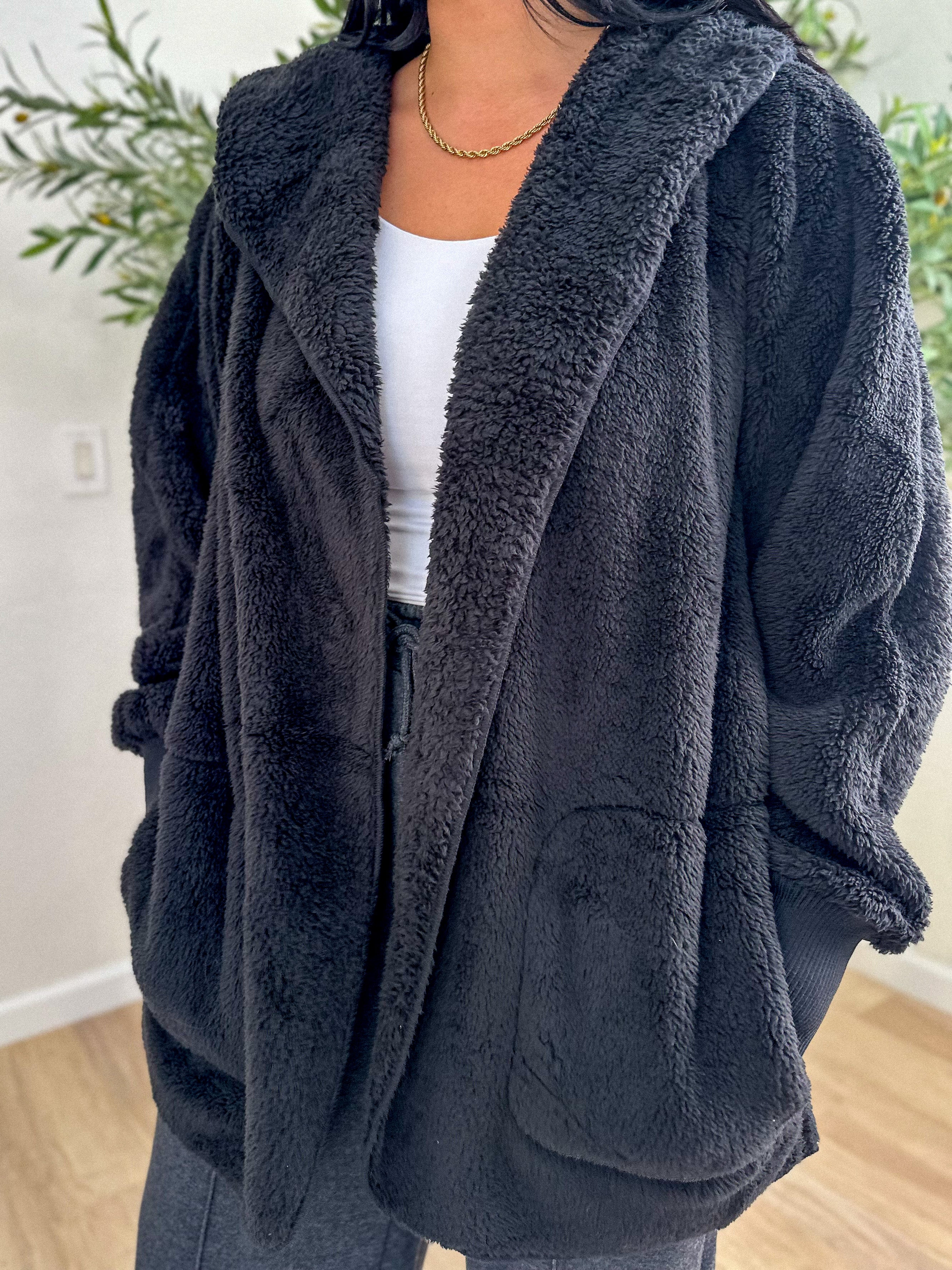 women's oversized teddy bear black soft, cozy, and fuzzy longer robe jacket with a hood