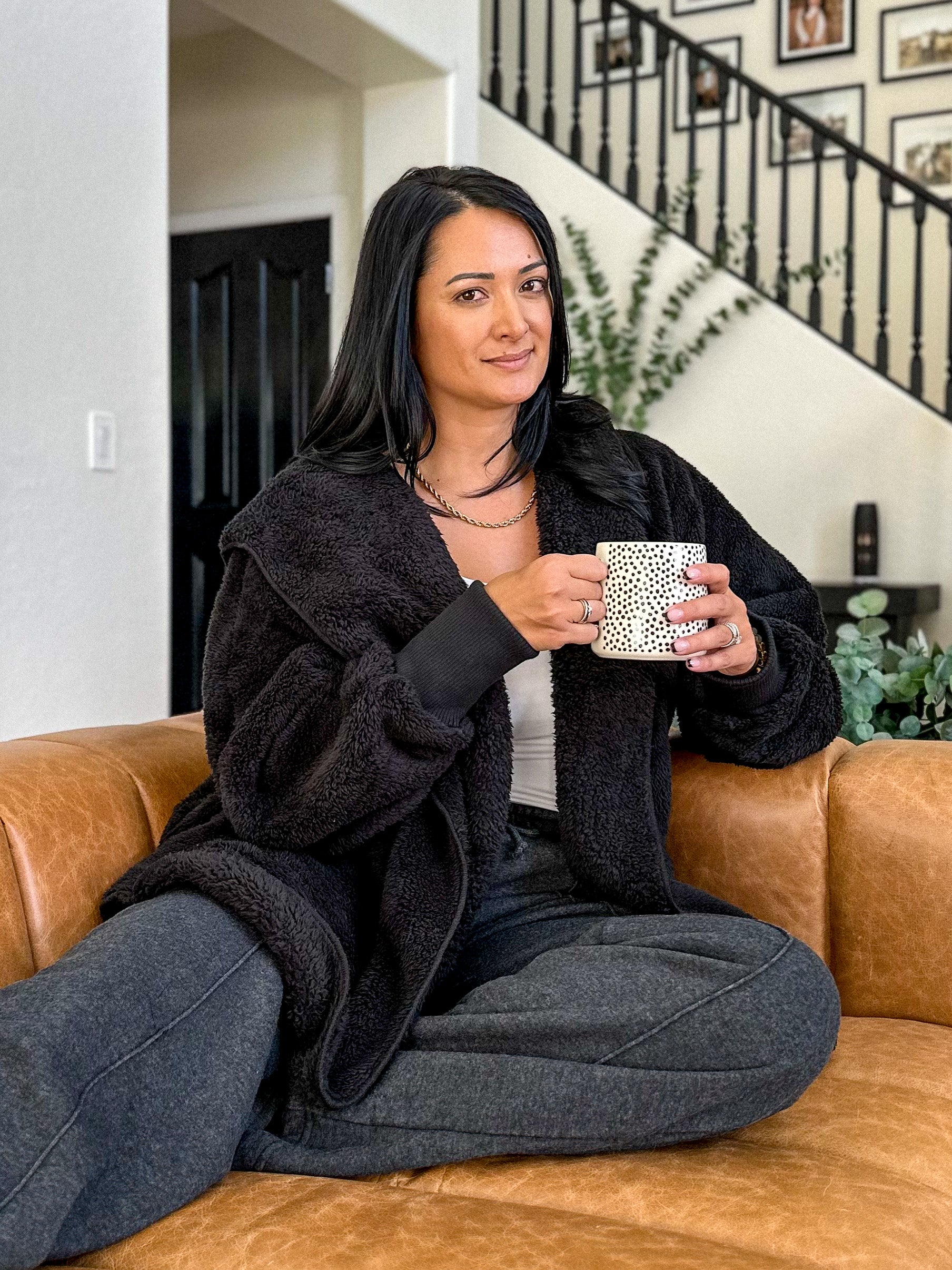 women's oversized teddy bear black soft, cozy, and fuzzy longer robe jacket with a hood