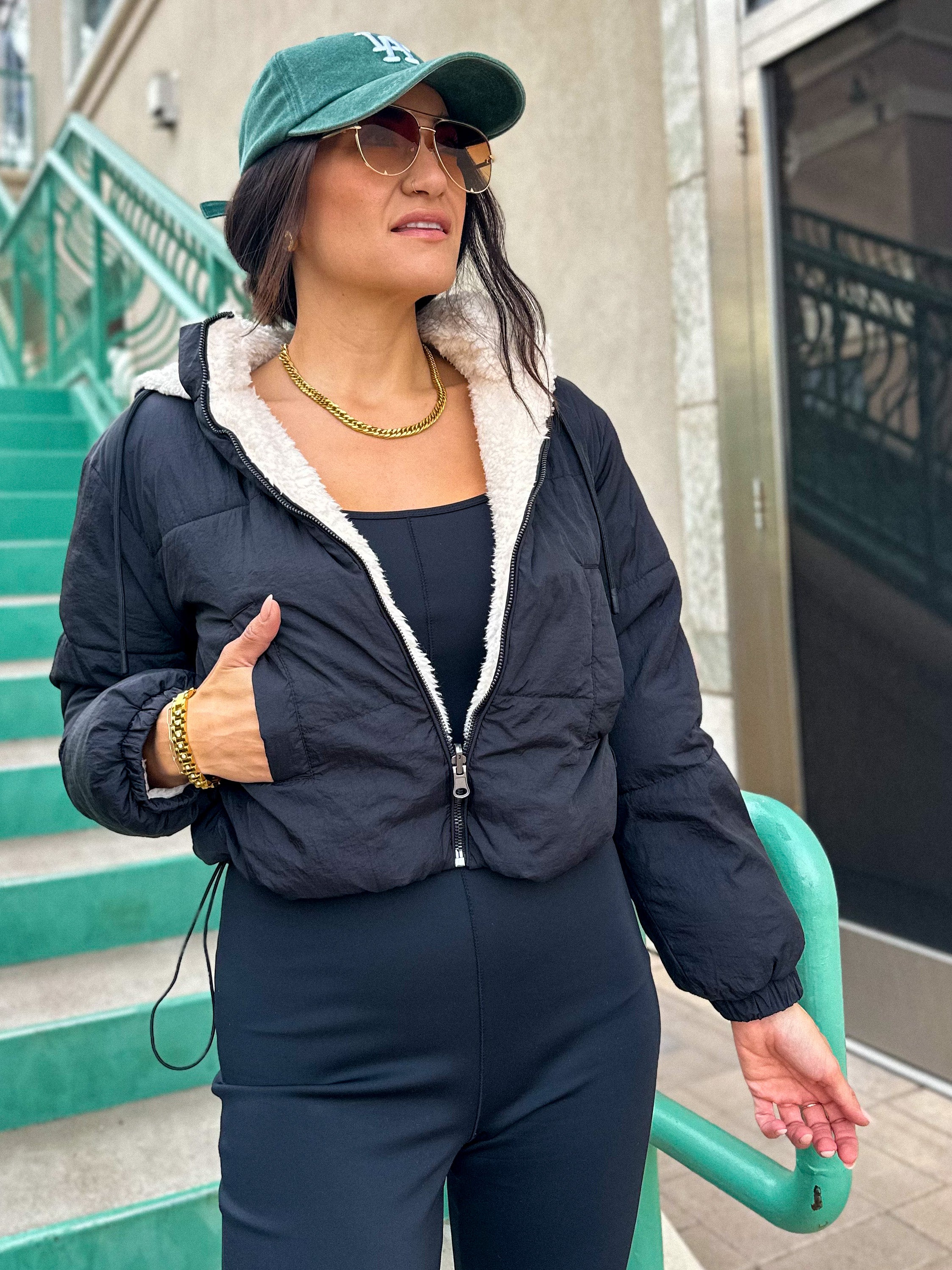 Women's black reversible soft sherpa down puffer crop jacket