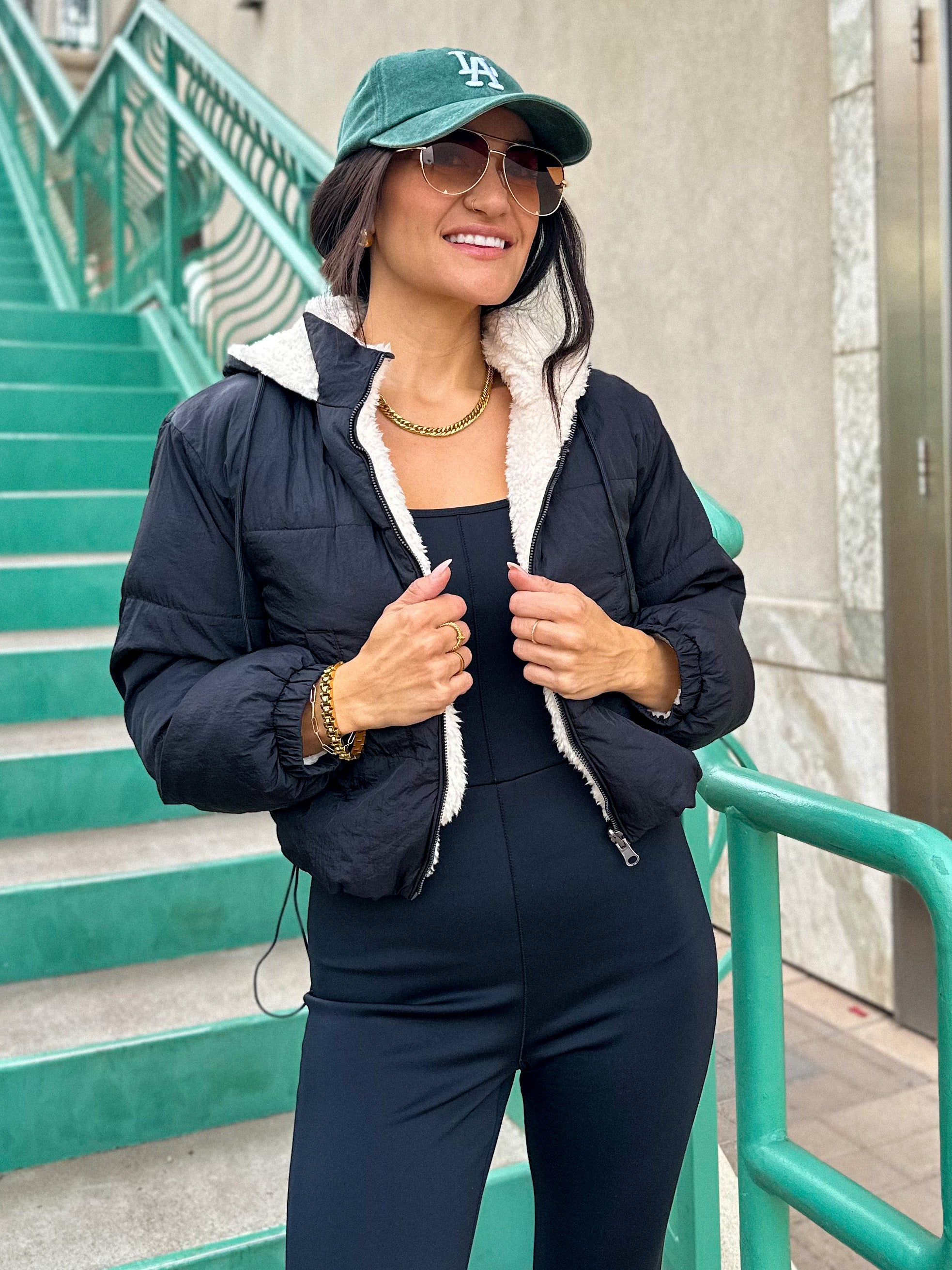 Women's black reversible soft sherpa down puffer crop jacket