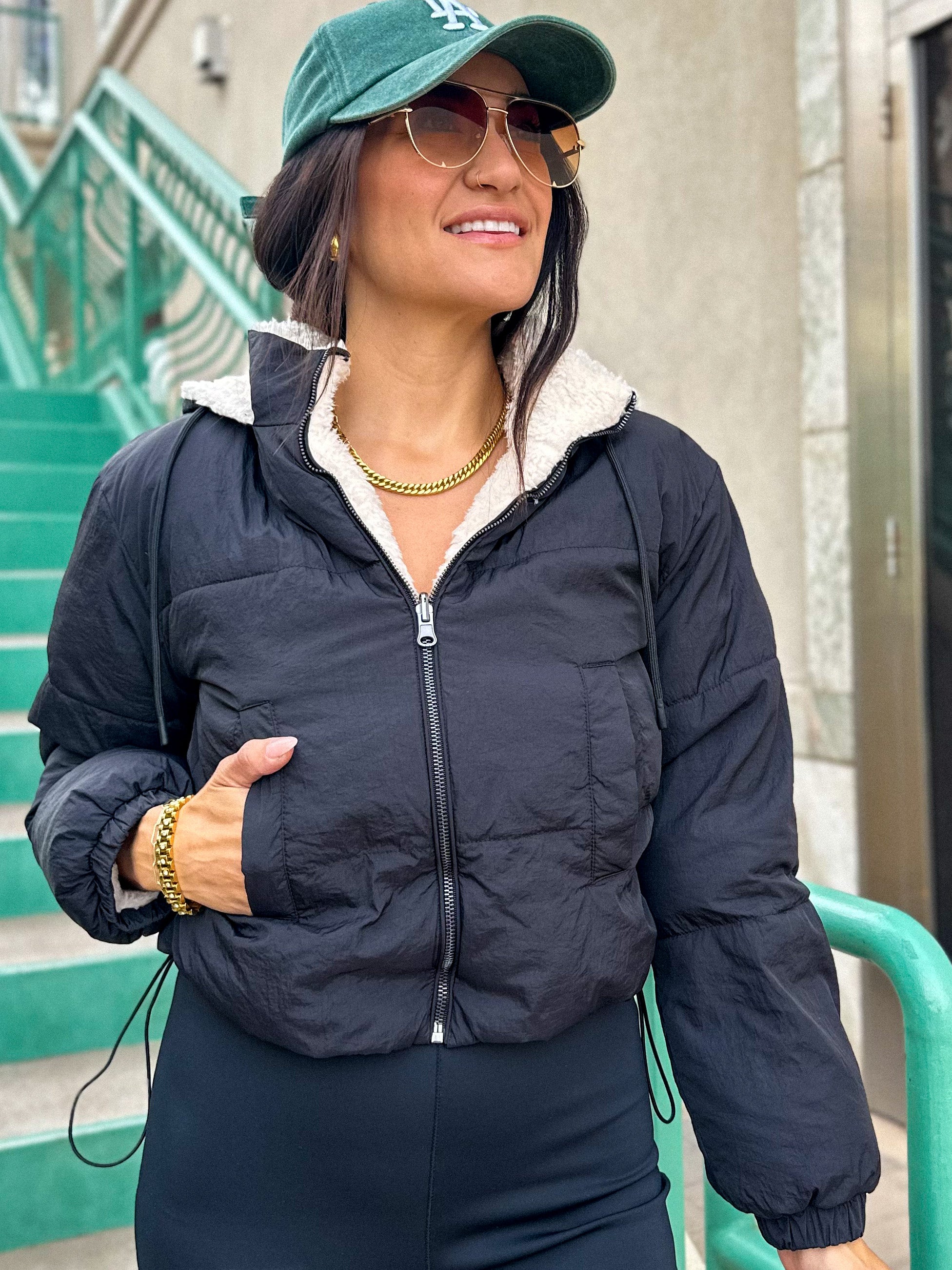 Women's black reversible soft sherpa down puffer crop jacket