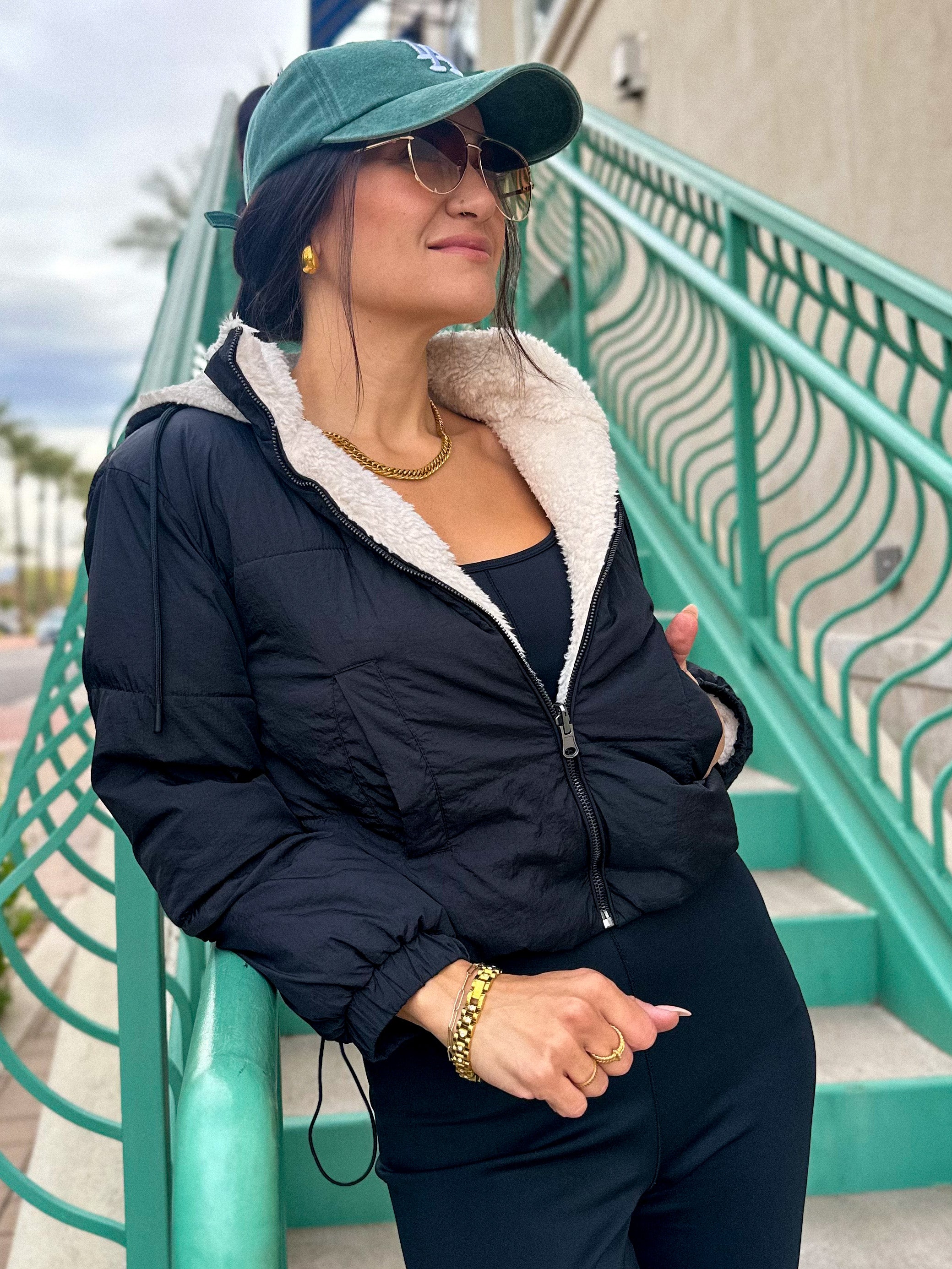 Women's black reversible soft sherpa down puffer crop jacket