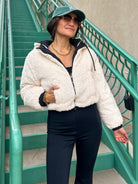 Women's black reversible soft sherpa down puffer crop jacket