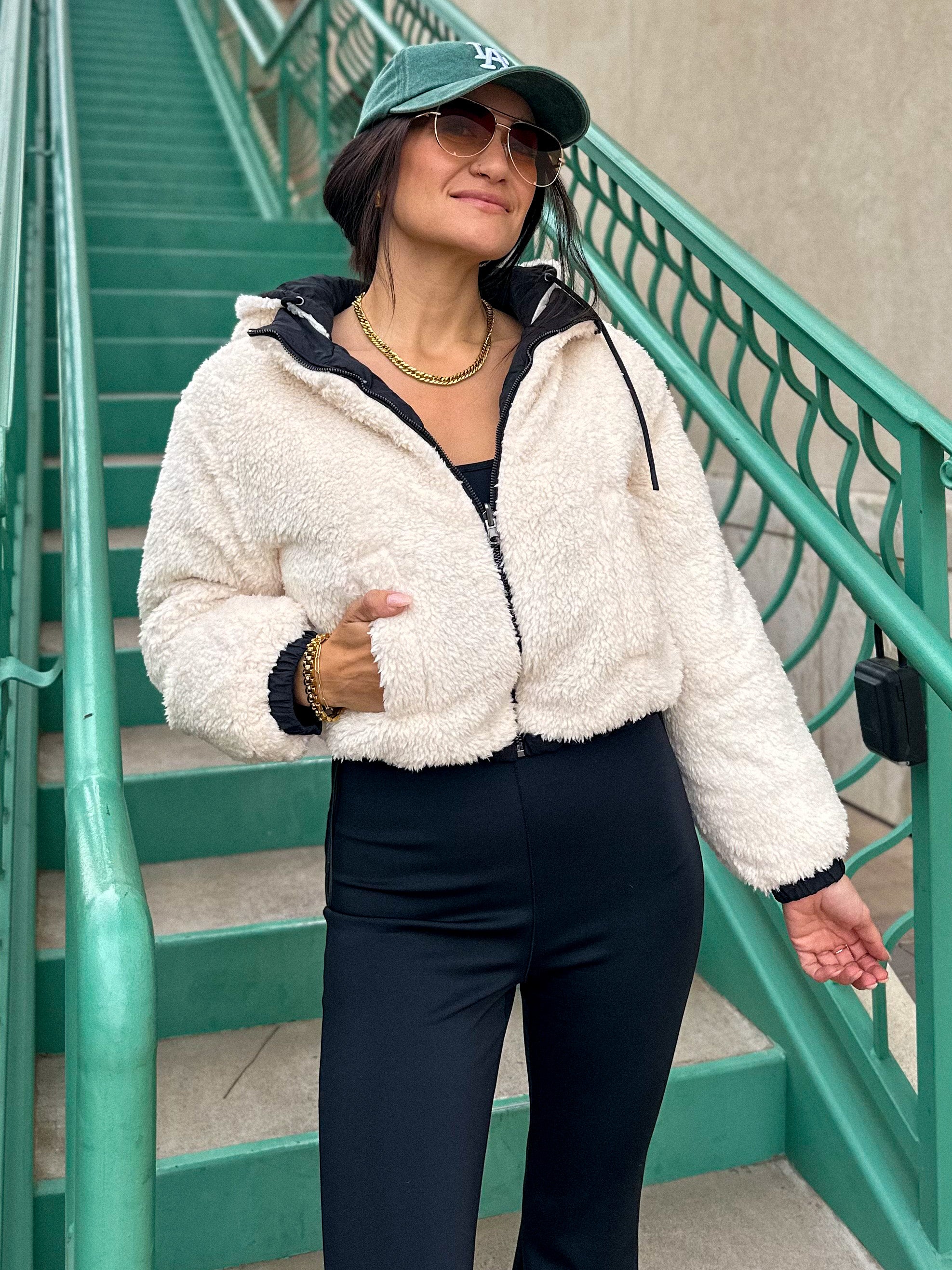 Women's black reversible soft sherpa down puffer crop jacket