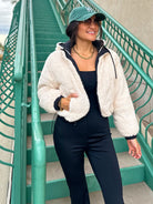 Women's black reversible soft sherpa down puffer crop jacket