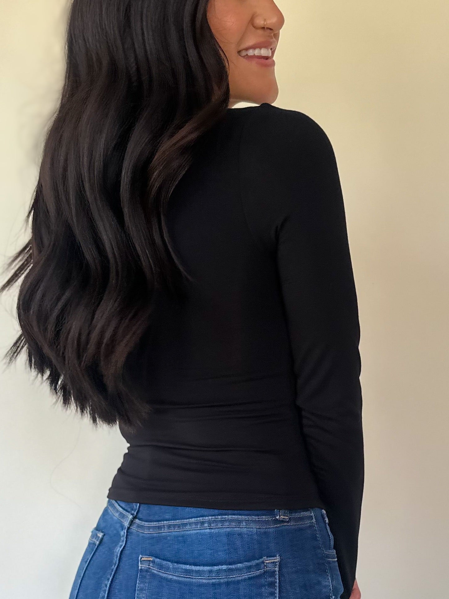 womens black buttery soft long sleeve scoop neck top