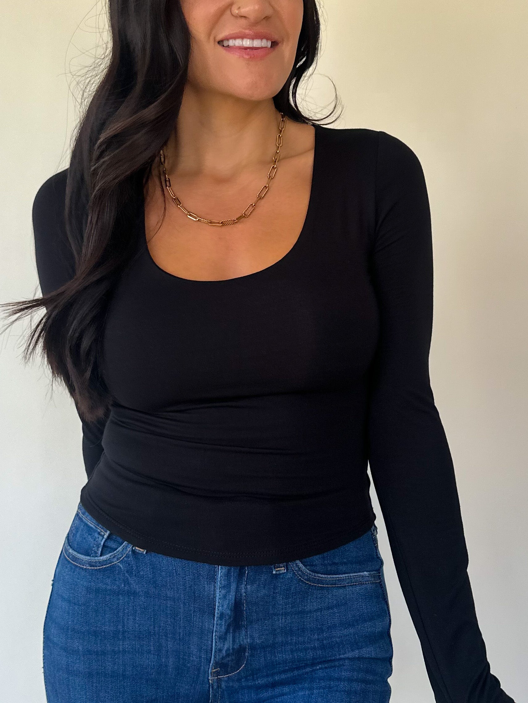 womens black buttery soft long sleeve scoop neck top