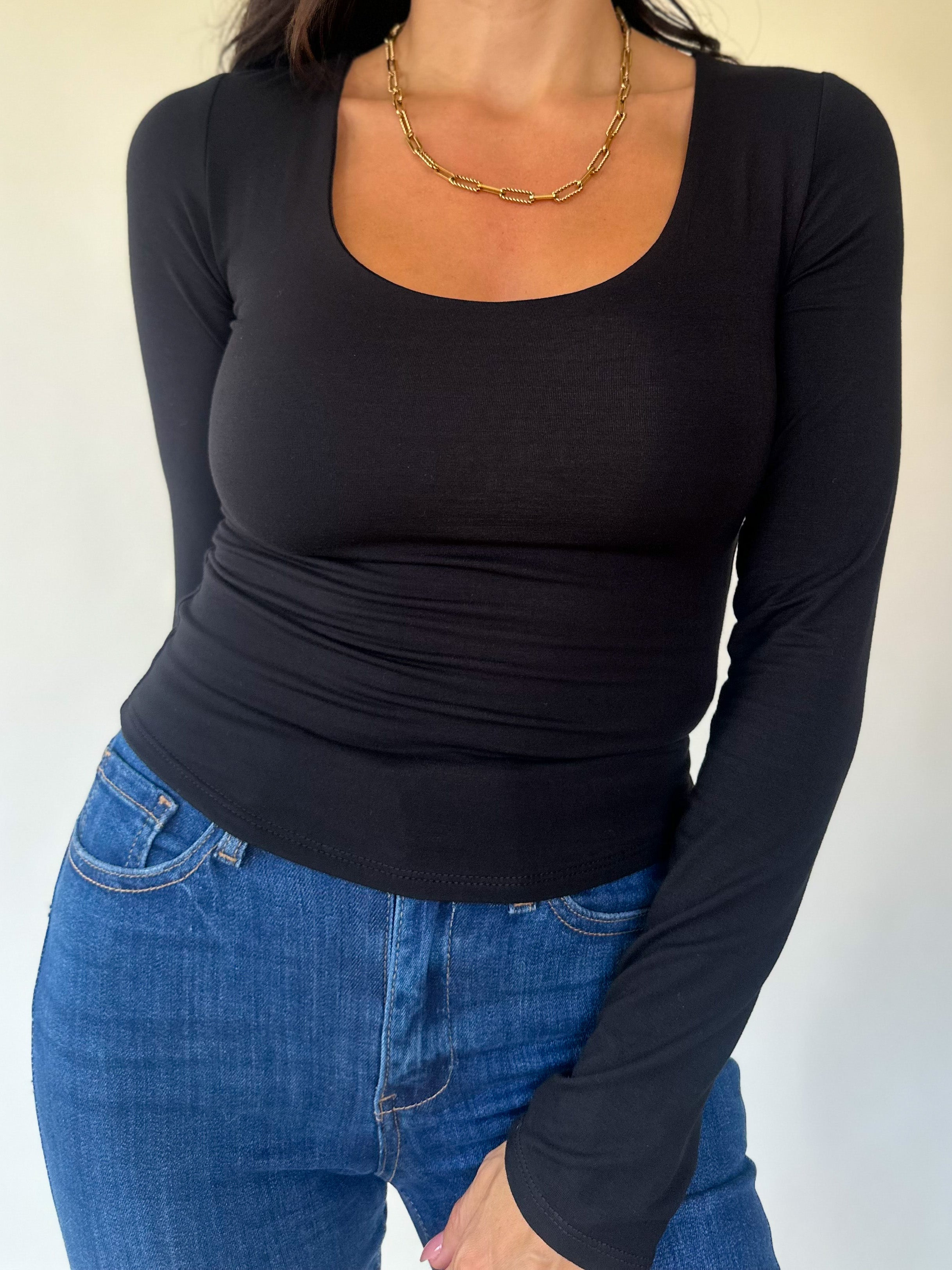 womens black buttery soft long sleeve scoop neck top