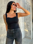 Womens classy basic elevated black bandage tank with a built in bra