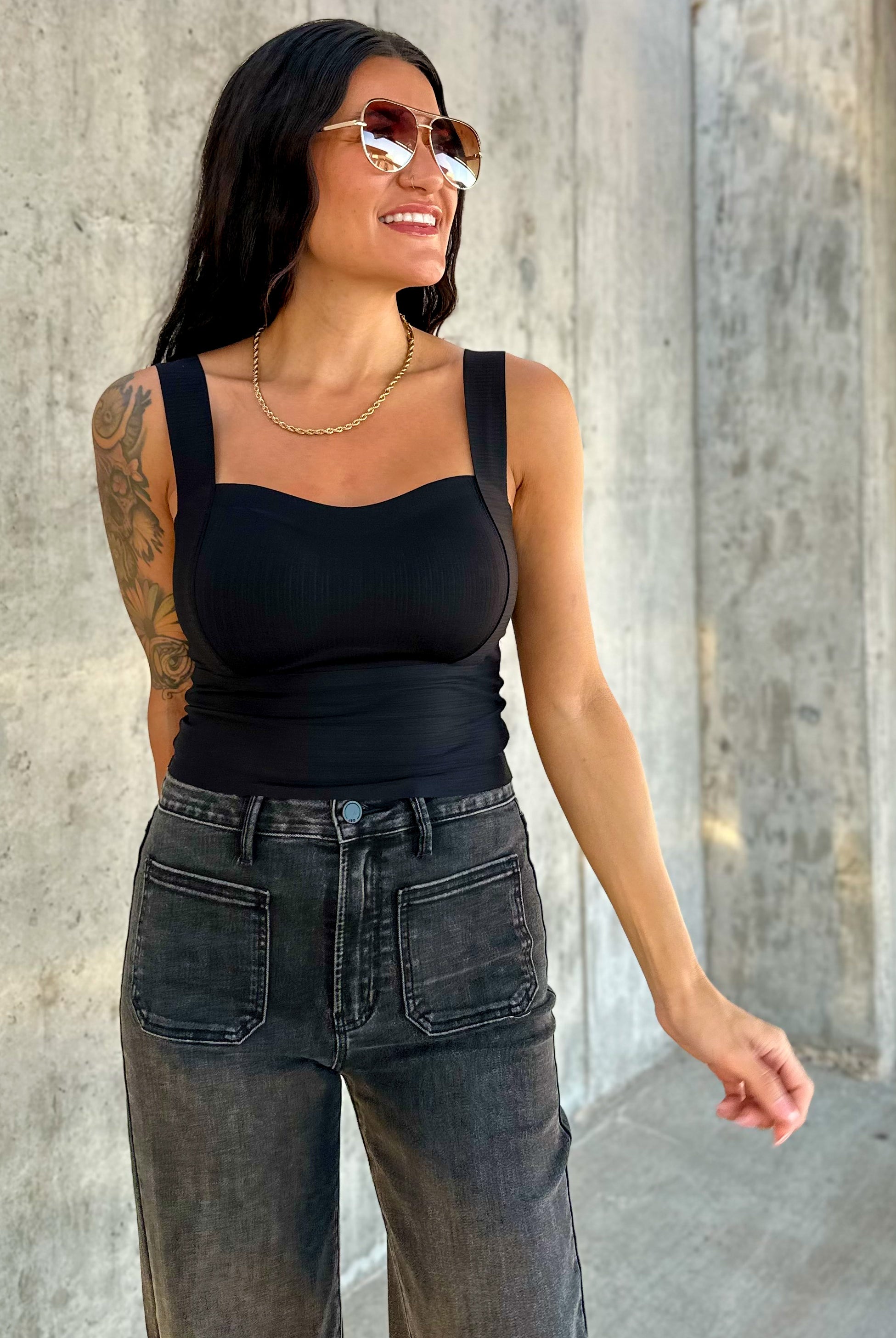 Womens classy basic elevated black bandage tank with a built in bra