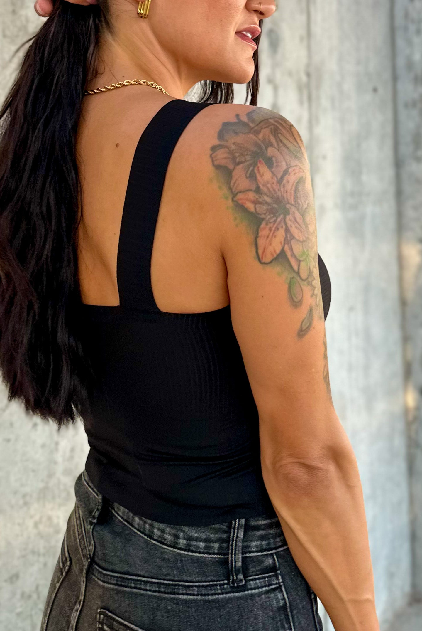 Womens classy basic elevated black bandage tank with a built in bra