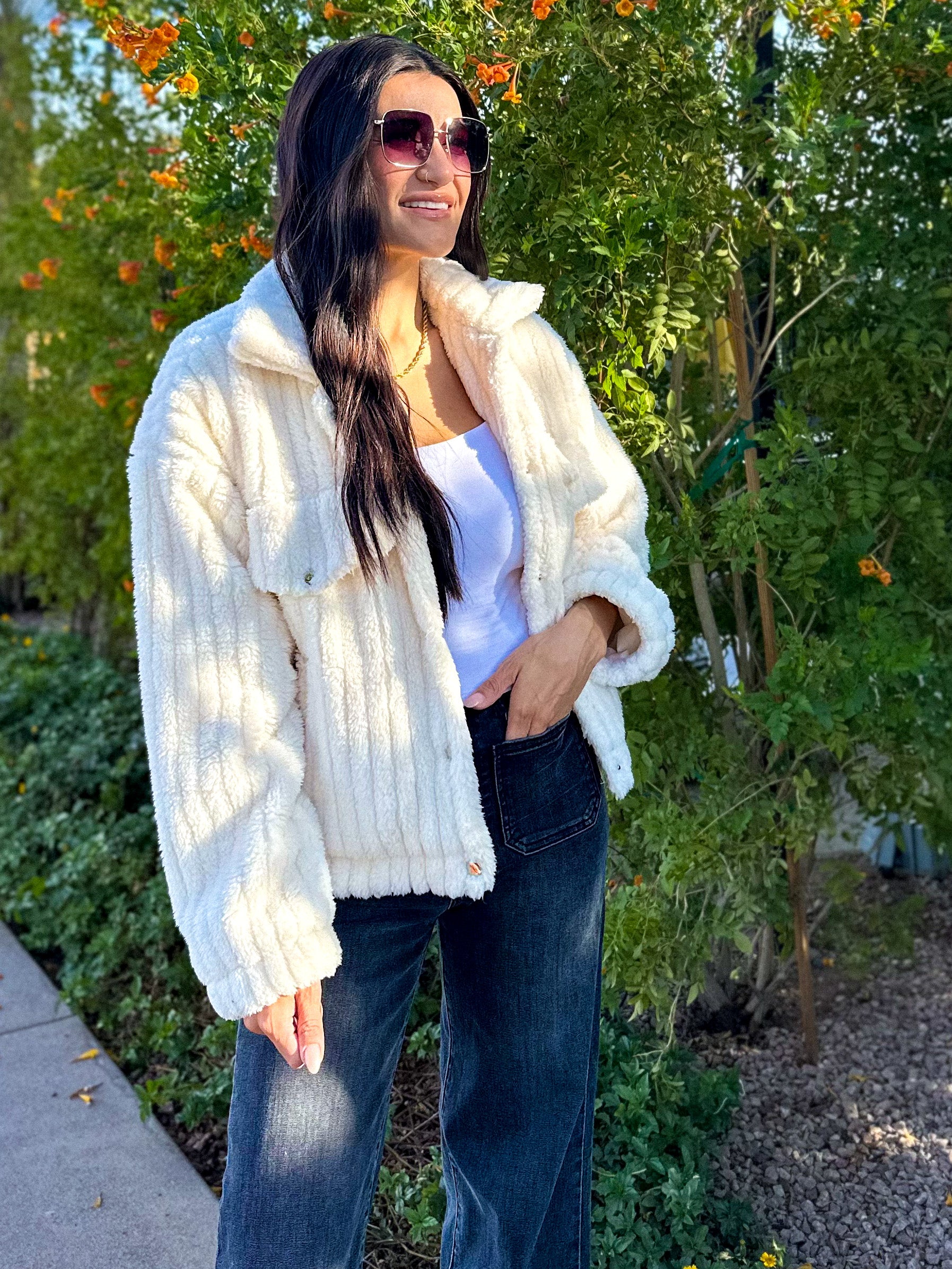 Women's cozy ivory teddy button down jacket