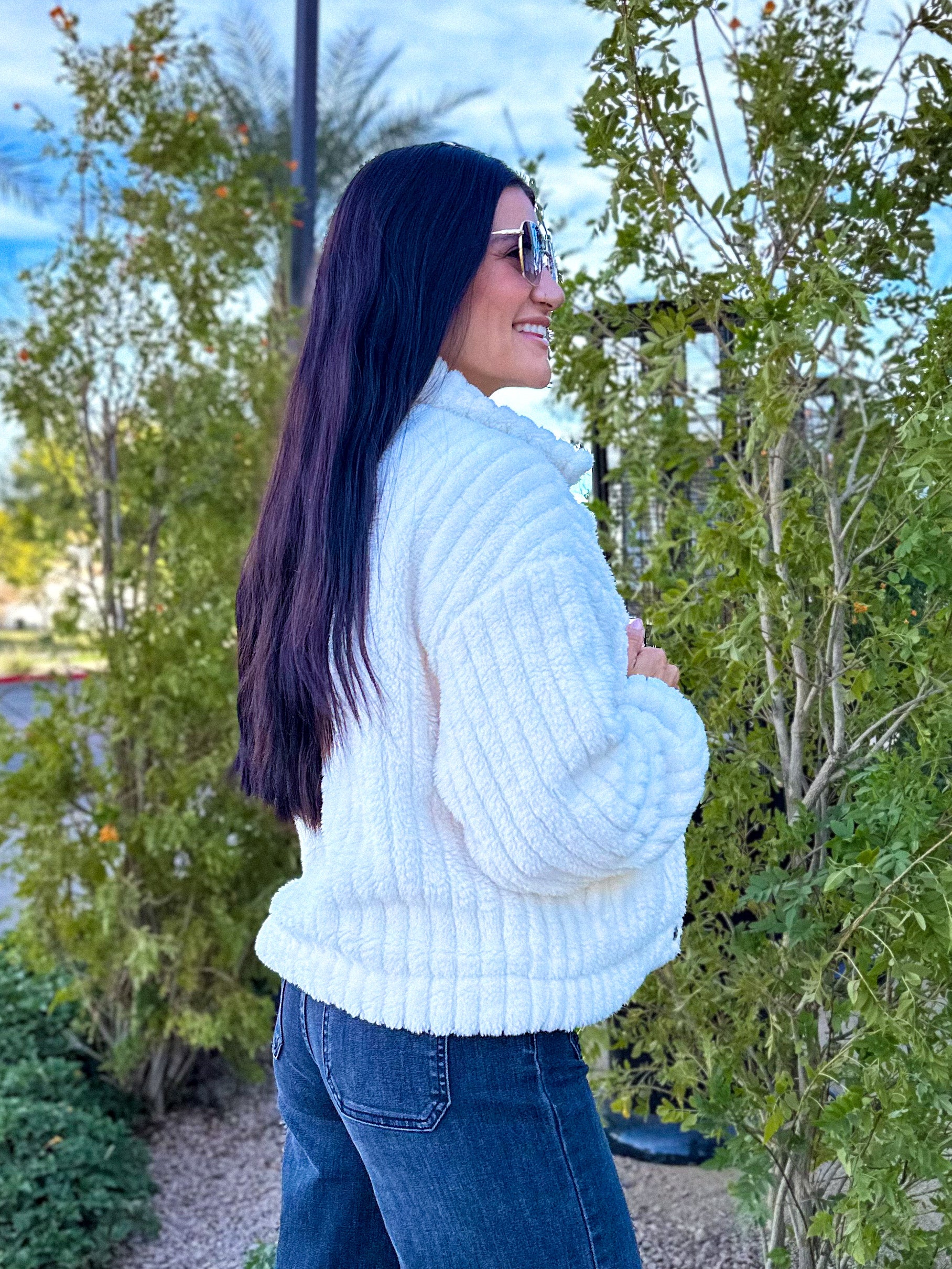 Women's cozy ivory teddy button down jacket