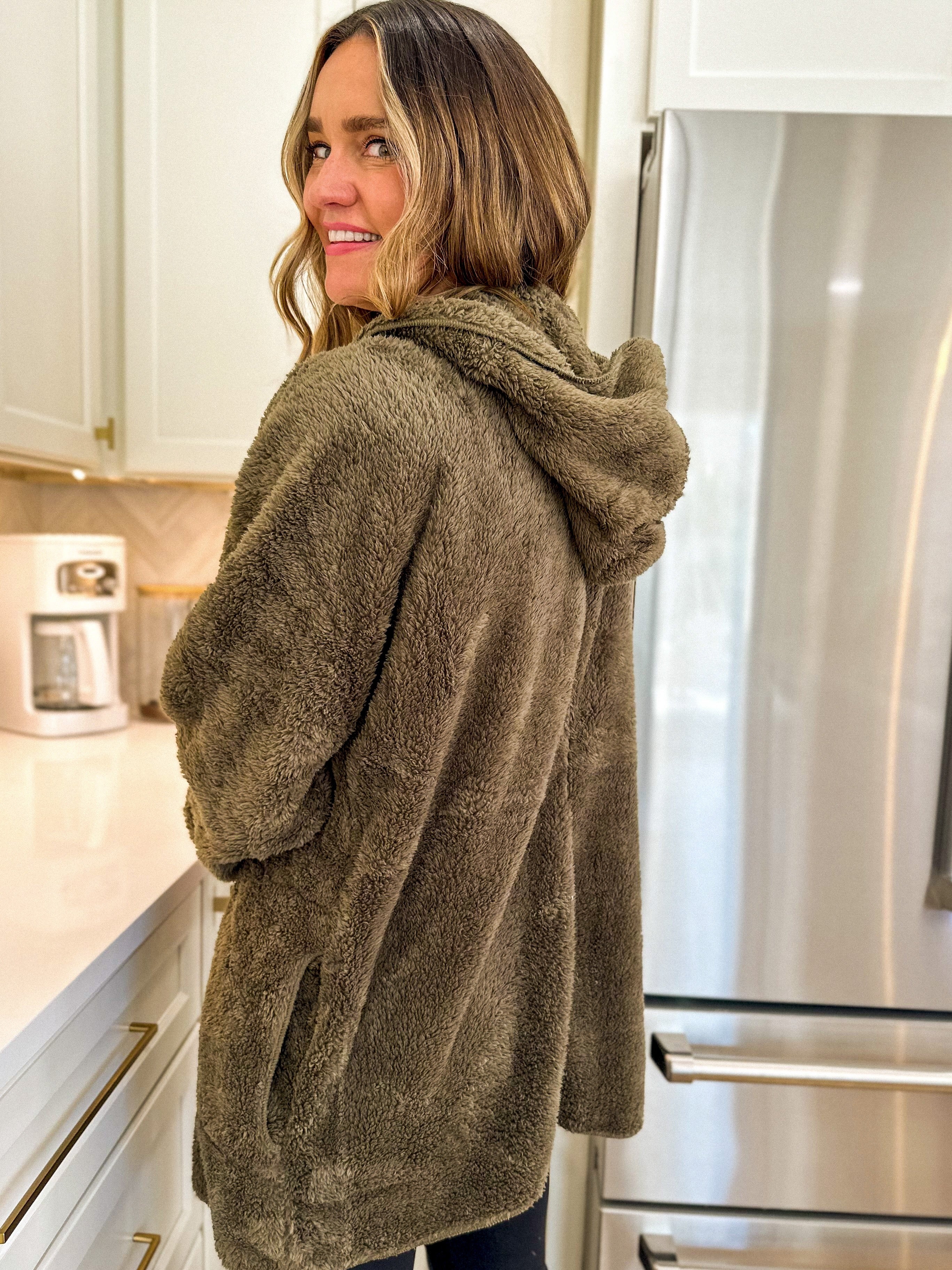 women's dark olive green soft, cozy and fuzzy oversized teddy bear longer robe jacket with a hood