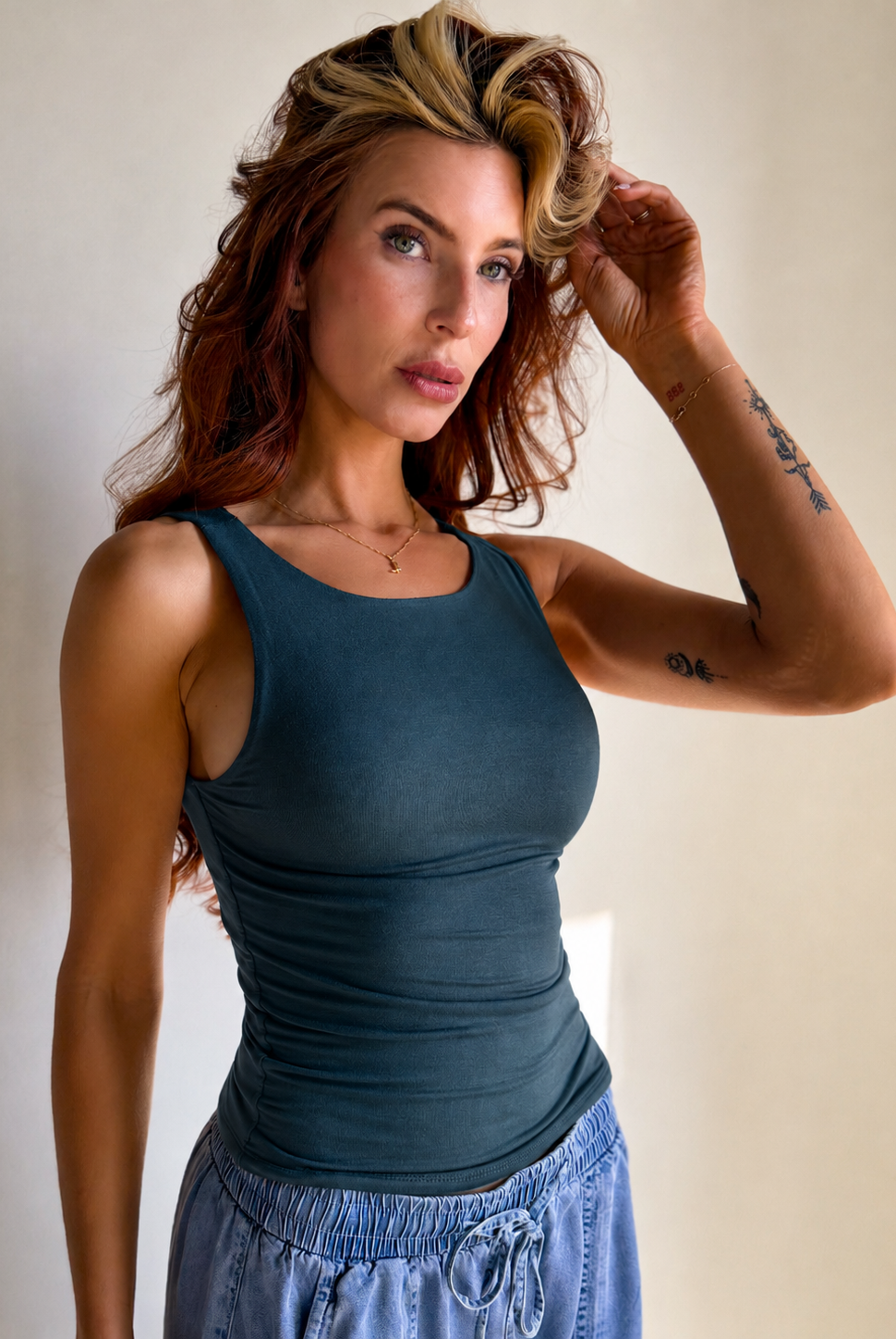 Be Cool dark teal double-lined buttery soft basic boat neck tank top