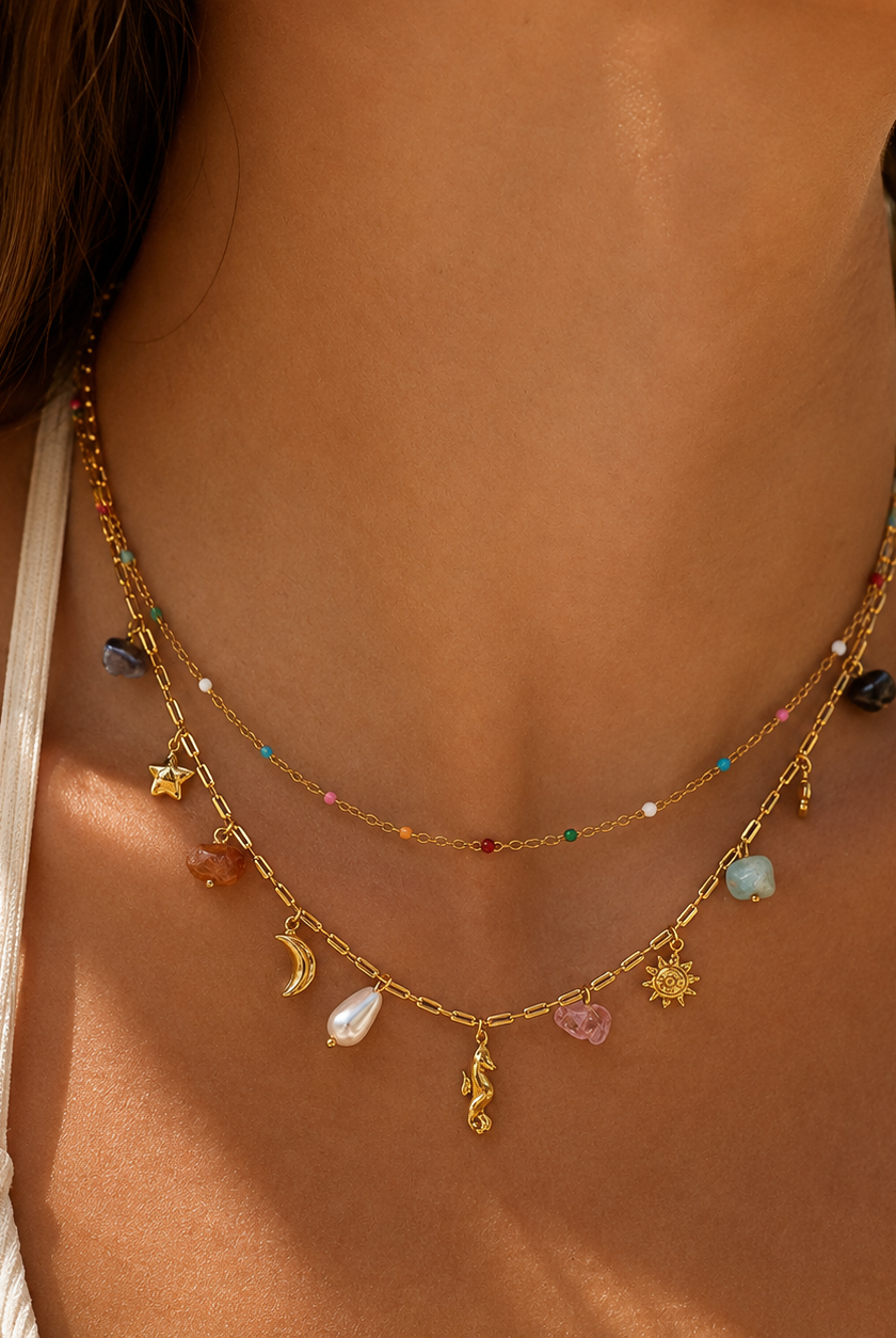 Women's gold water resistant layered summer beach charm necklace