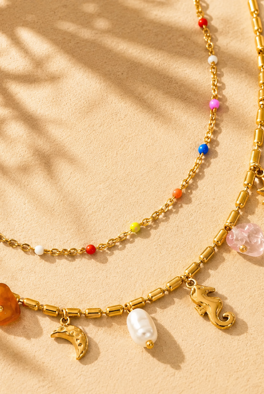 Women's gold water resistant layered summer beach charm necklace