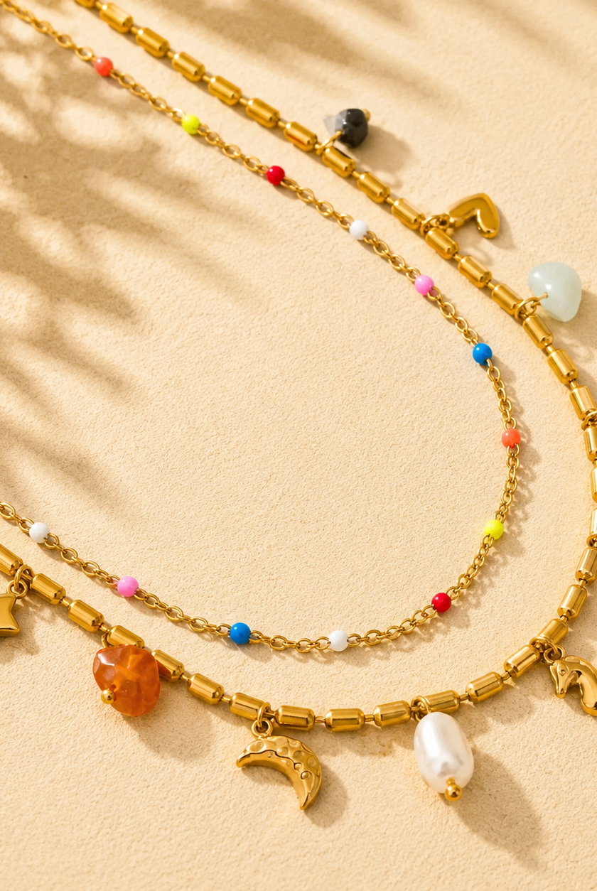 Women's gold water resistant layered summer beach charm necklace