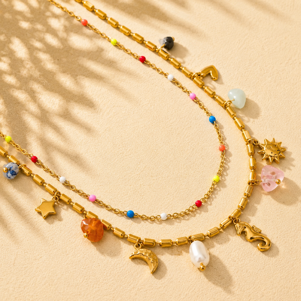 Women's gold water resistant layered summer beach charm necklace