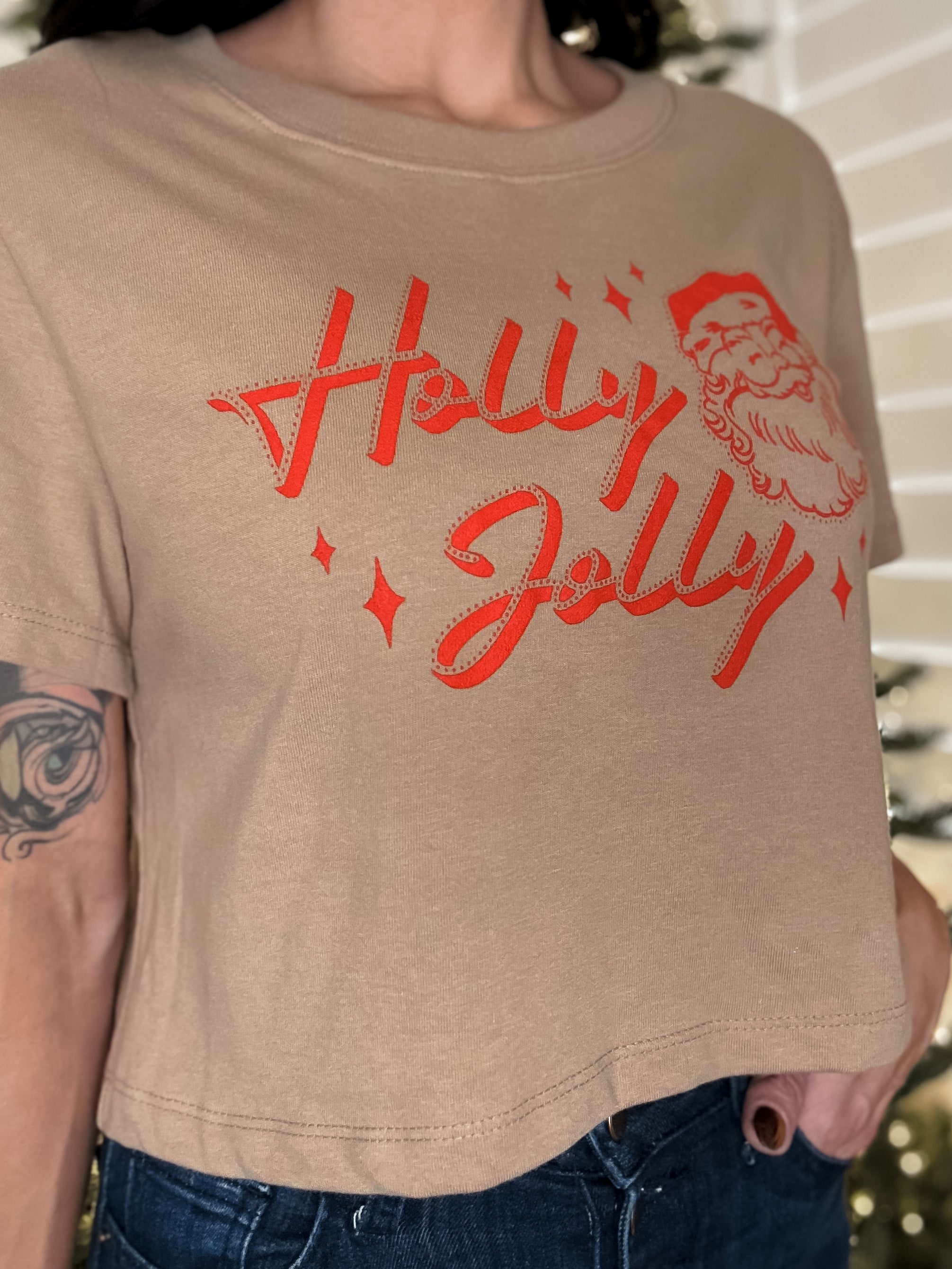 holly jolly christmas santa graphic crop t-shirt