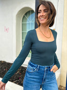 women's dark teal be cool buttery soft basic square neck long sleeve top
