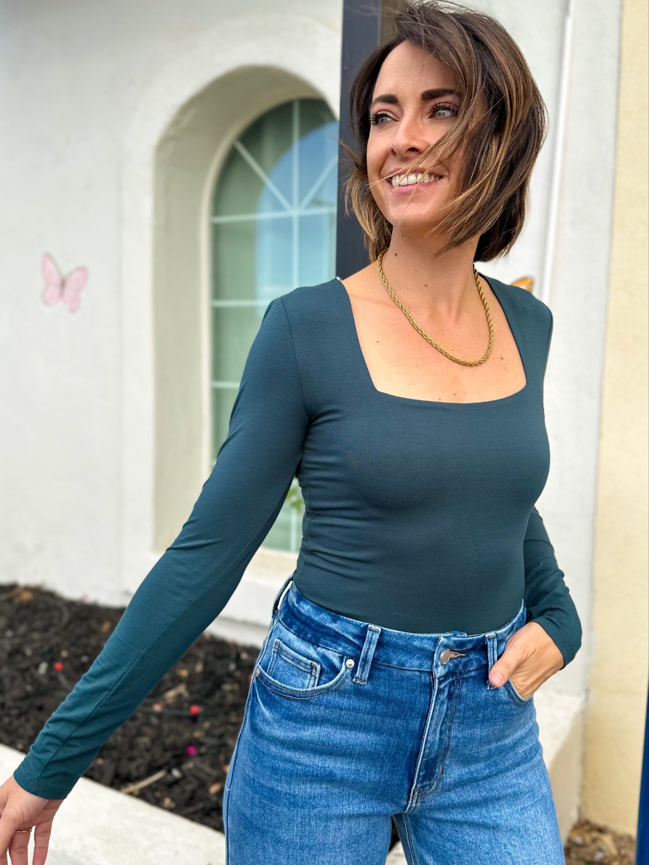 women's dark teal be cool buttery soft basic square neck long sleeve top