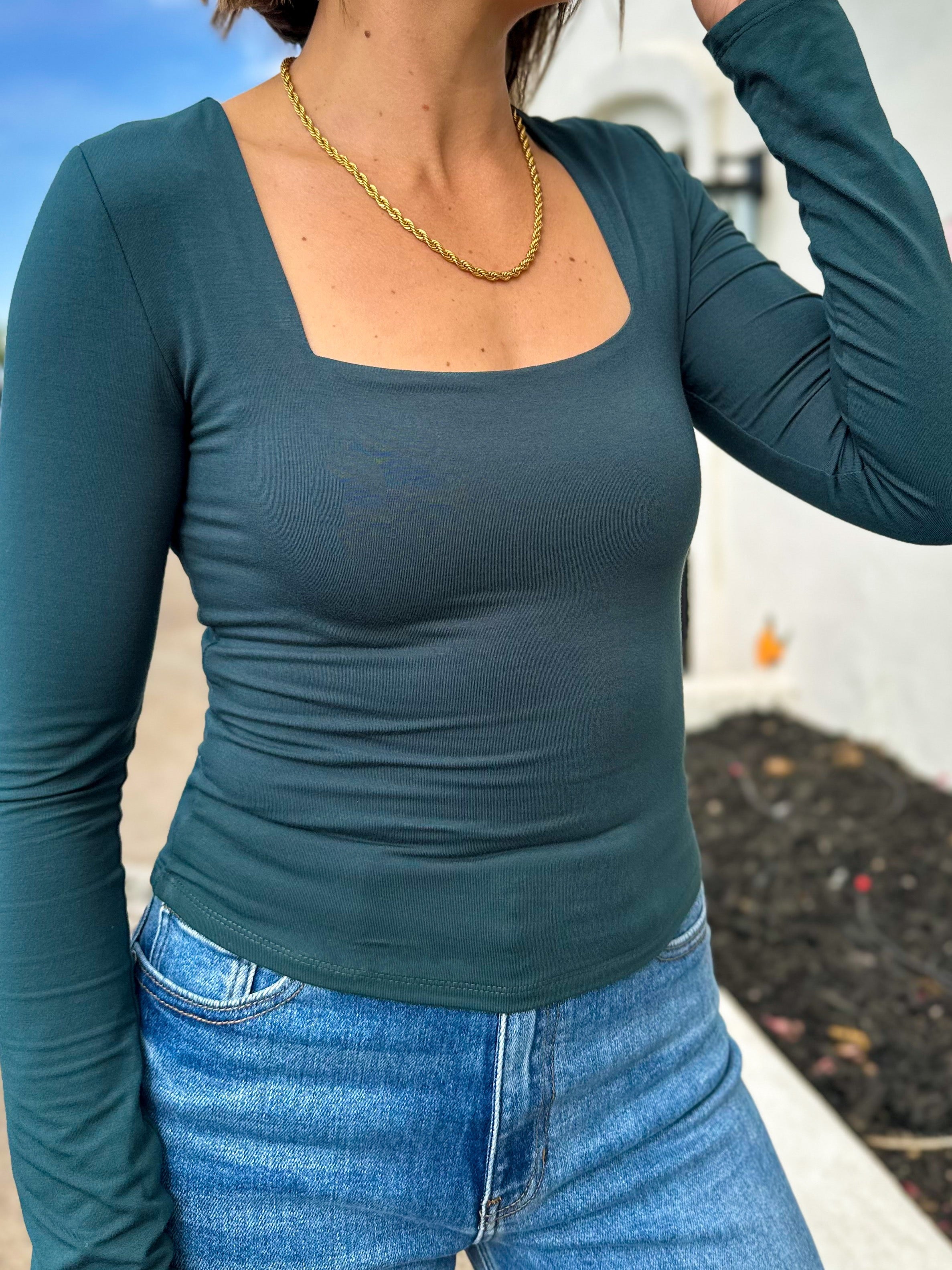 women's dark teal be cool buttery soft basic square neck long sleeve top