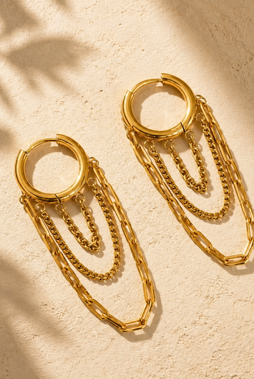 Women's non-tarnish gold chain drop huggie earrings