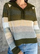 women's soft olive green neutral striped snap button down knit sweater