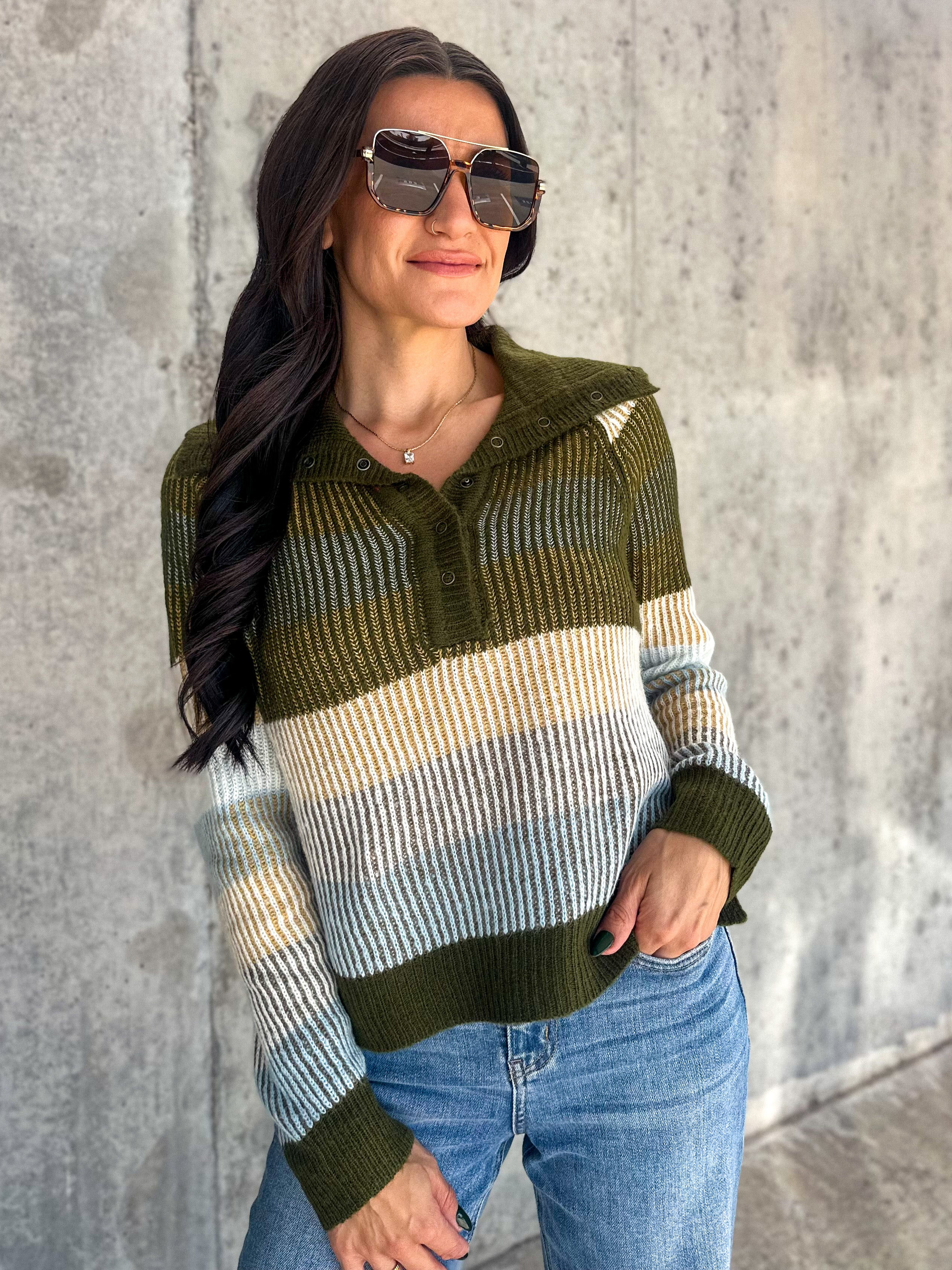 women's soft olive green neutral striped snap button down knit sweater