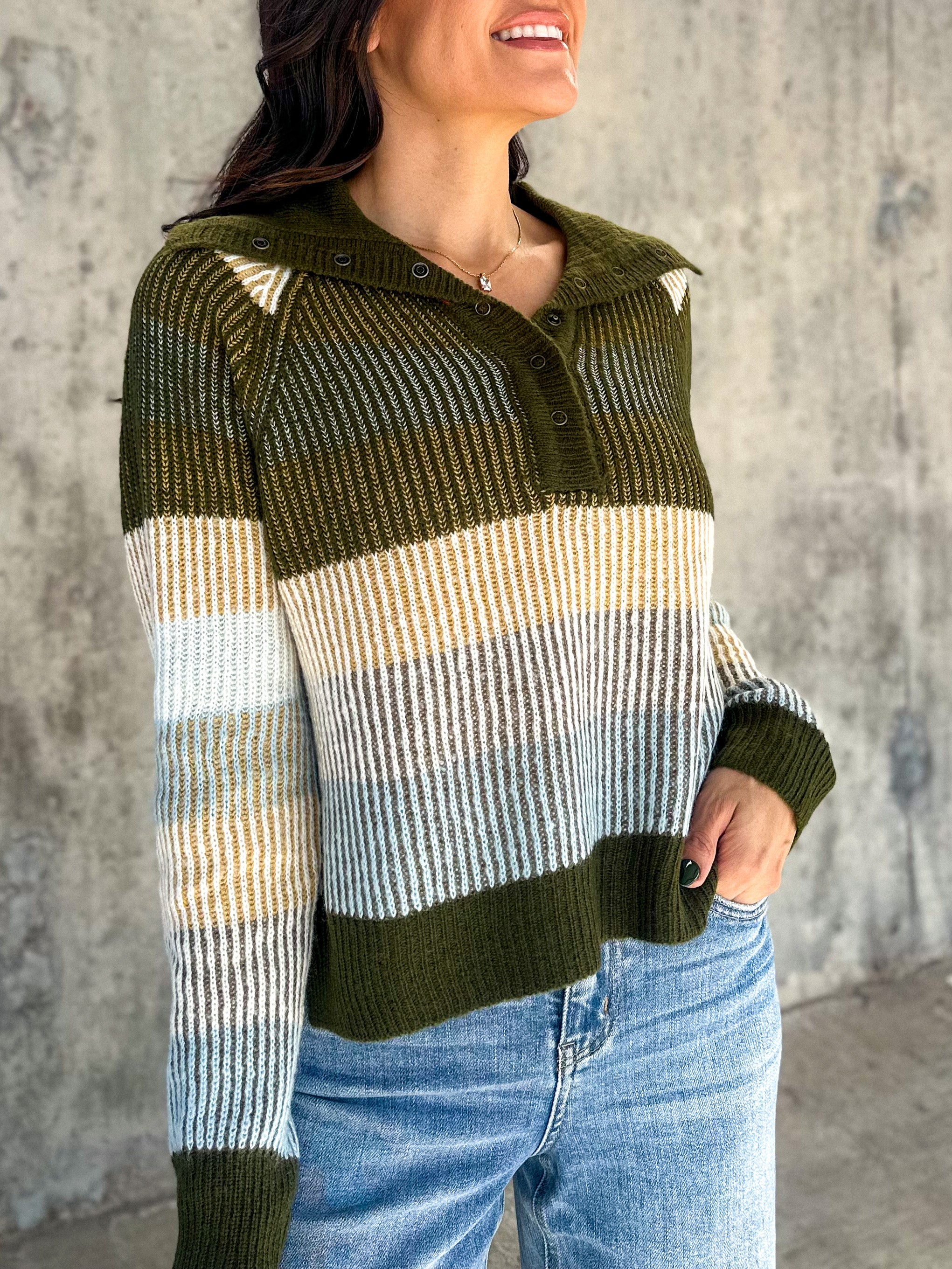 women's soft olive green neutral striped snap button down knit sweater