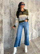 women's soft olive green neutral striped snap button down knit sweater