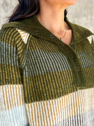 women's soft olive green neutral striped snap button down knit sweater