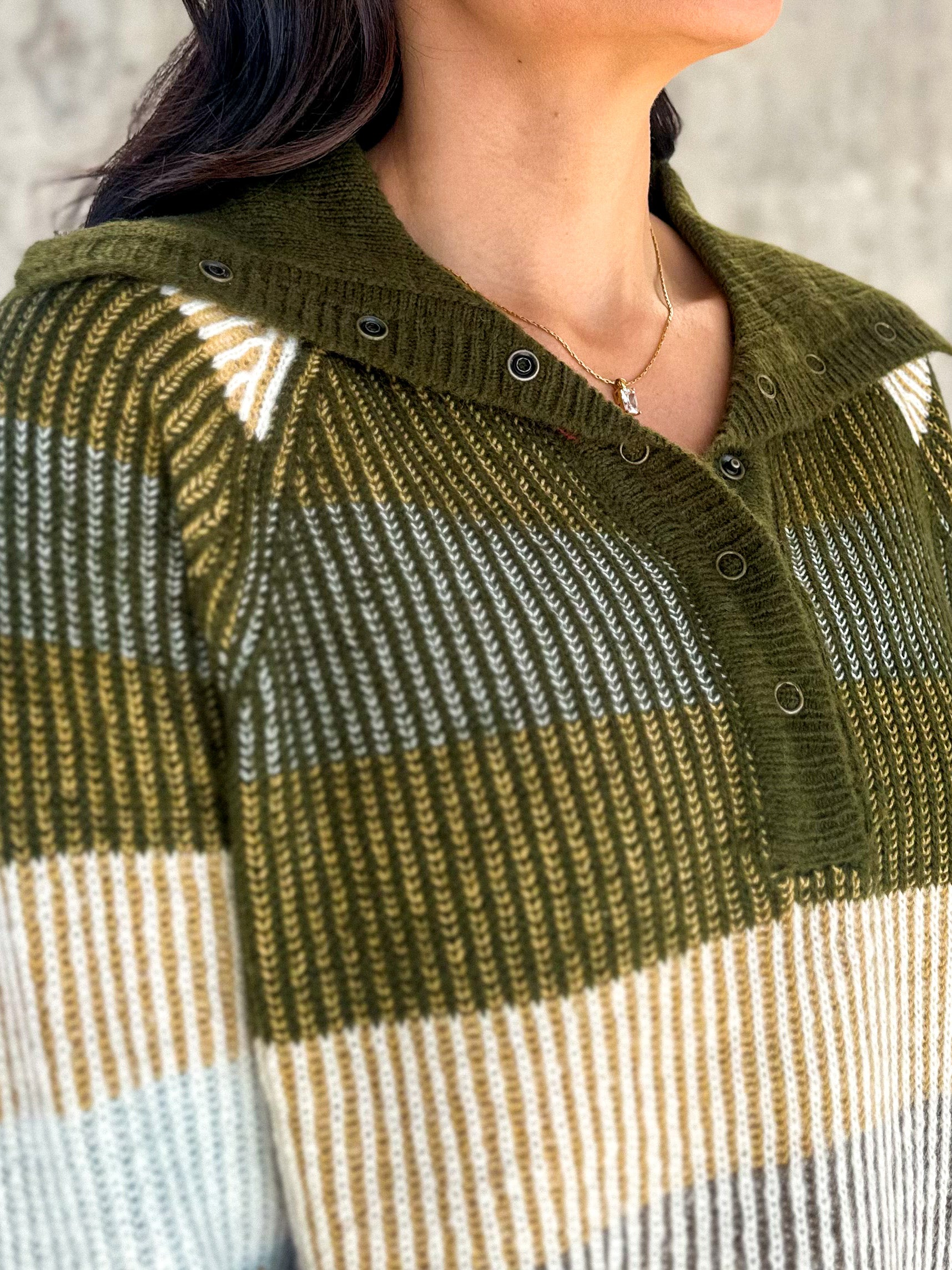 women's soft olive green neutral striped snap button down knit sweater