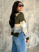 women's soft olive green neutral striped snap button down knit sweater